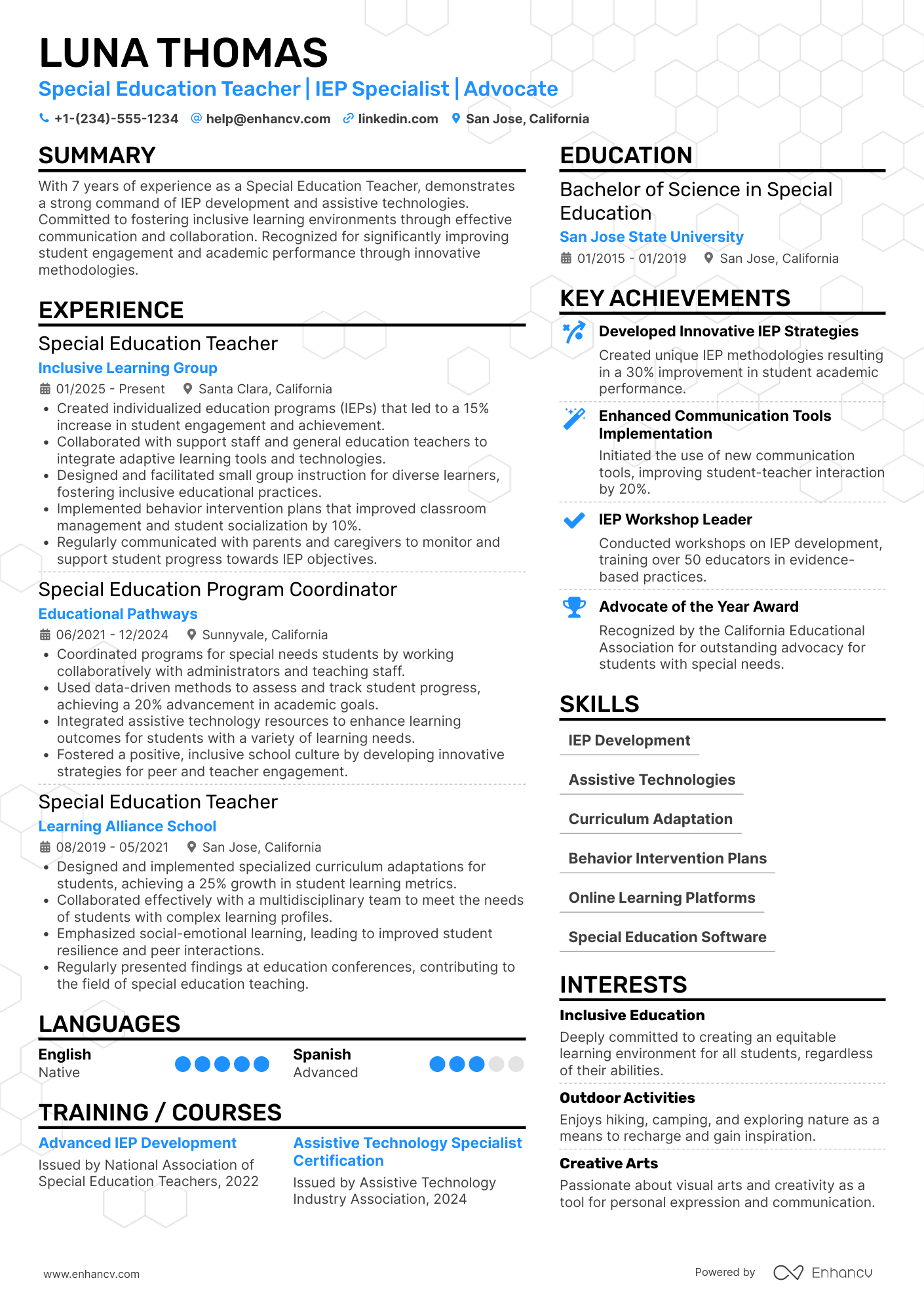 A resume example of a Special Education Teacher for High School