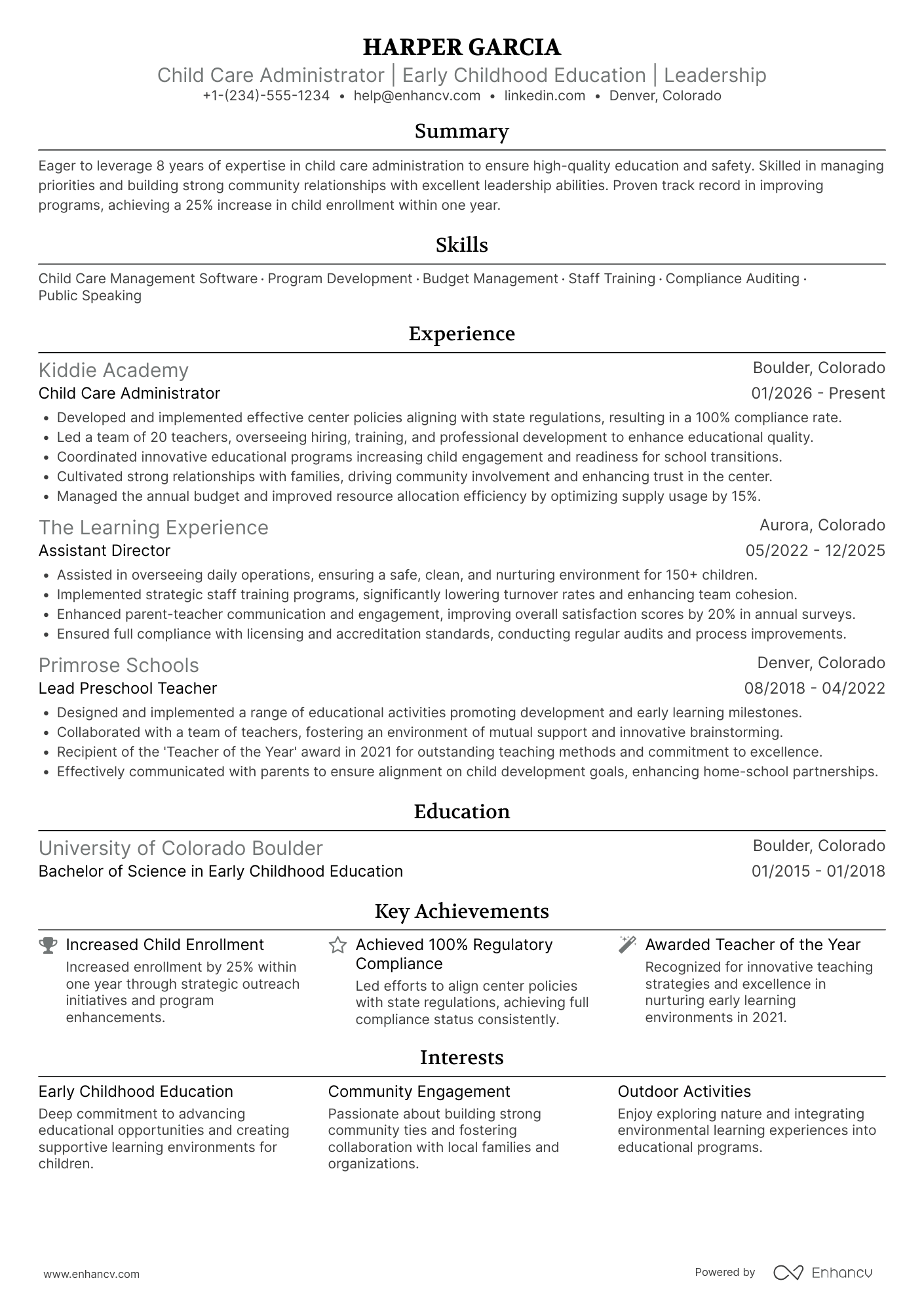 A resume example of a Child Care Administrator