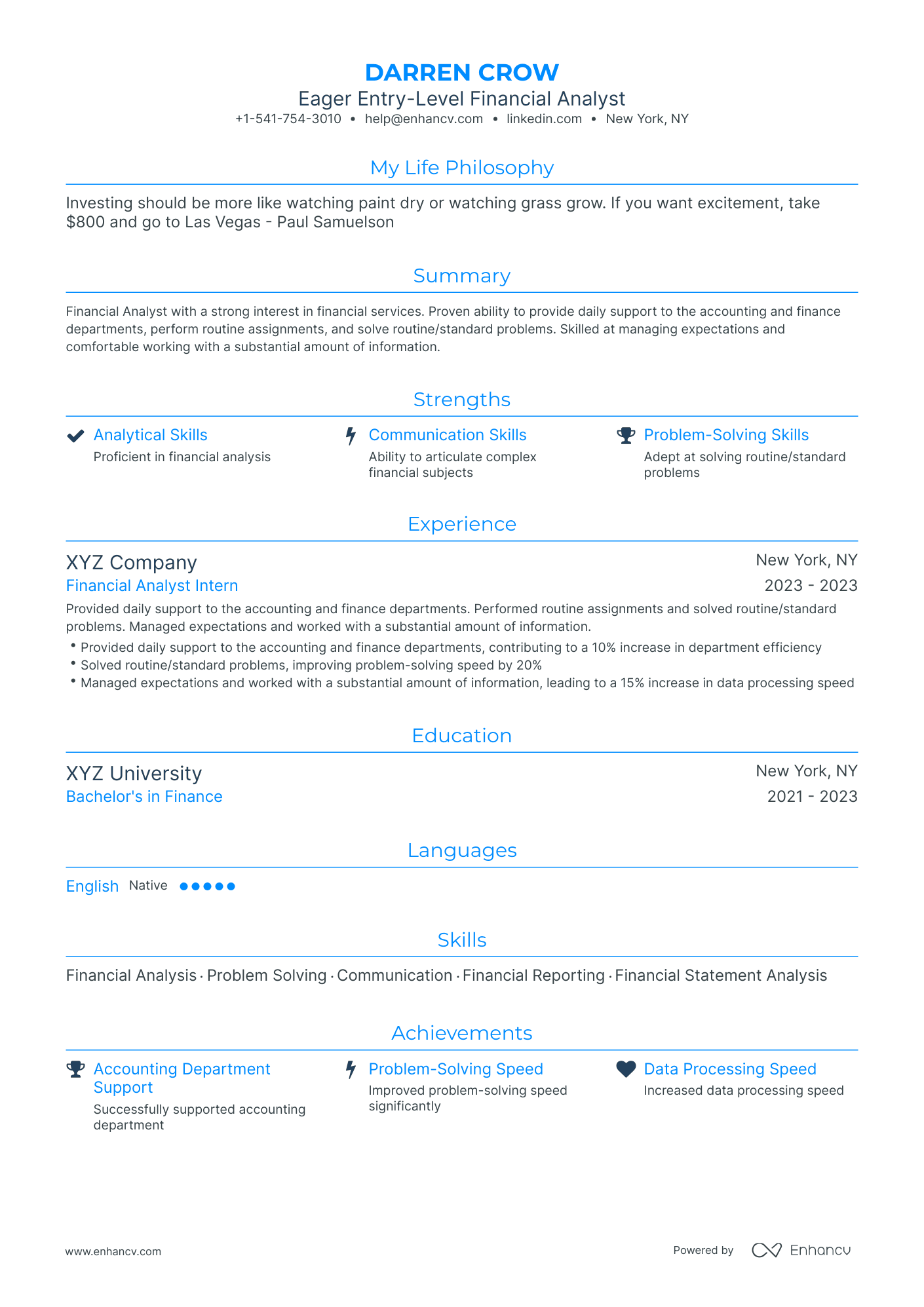 Traditional Entry Level Financial Analyst Resume Template