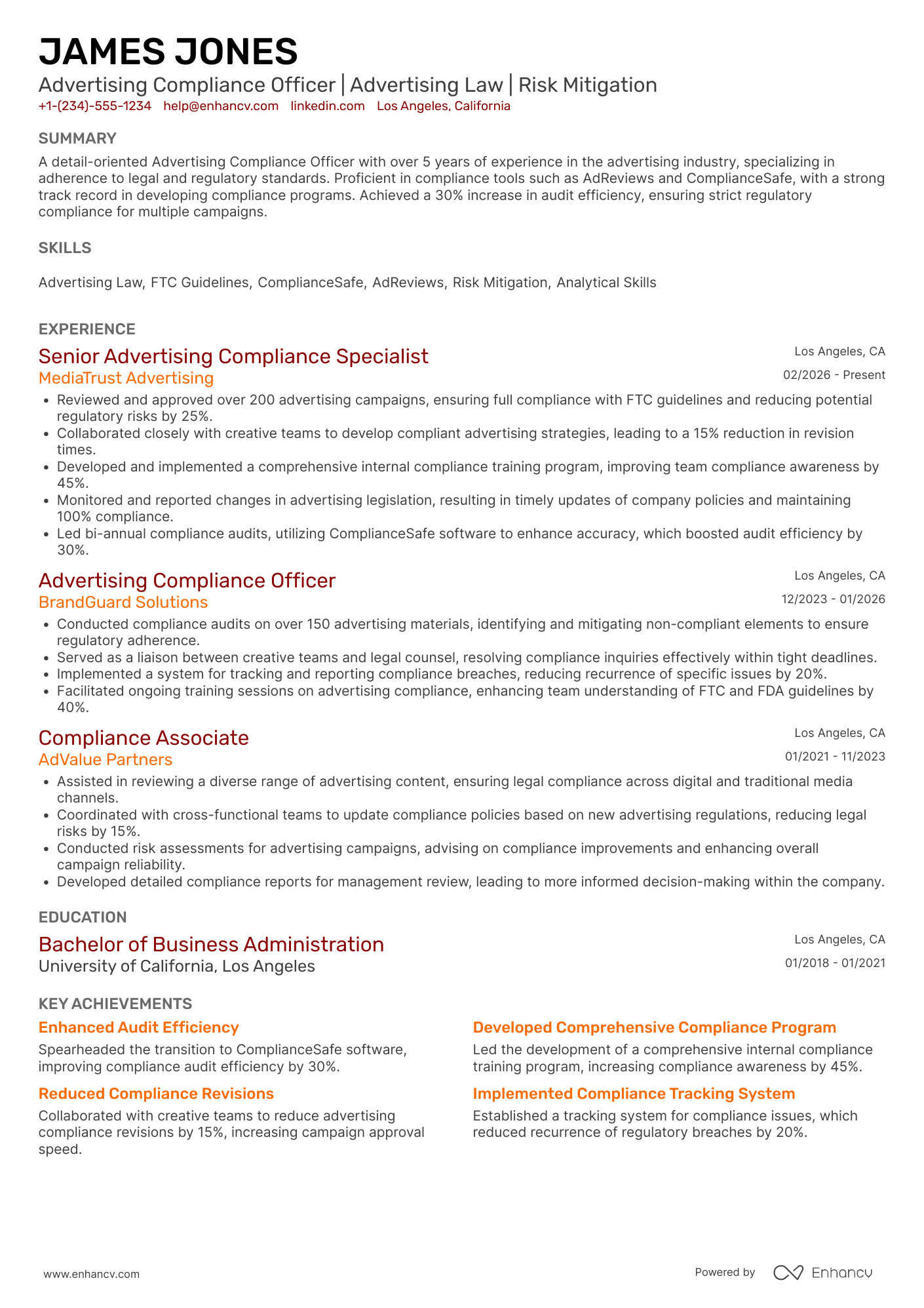 A resume example of a Advertising Compliance Officer