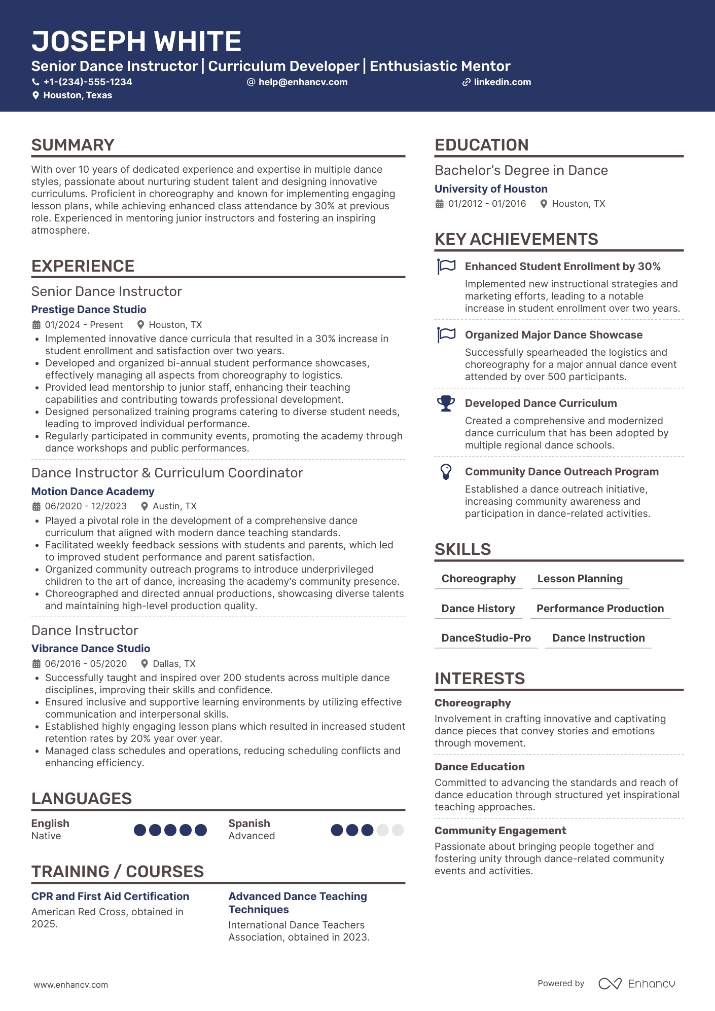 A resume example of a Senior Dance Instructor