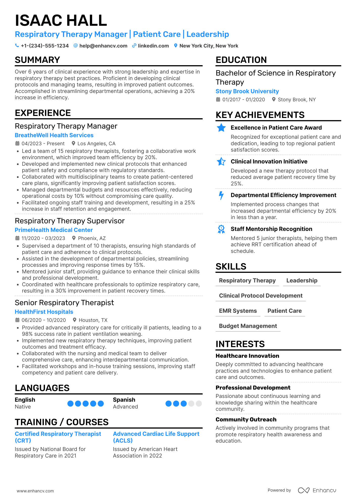 A resume example of a Respiratory Therapy Manager