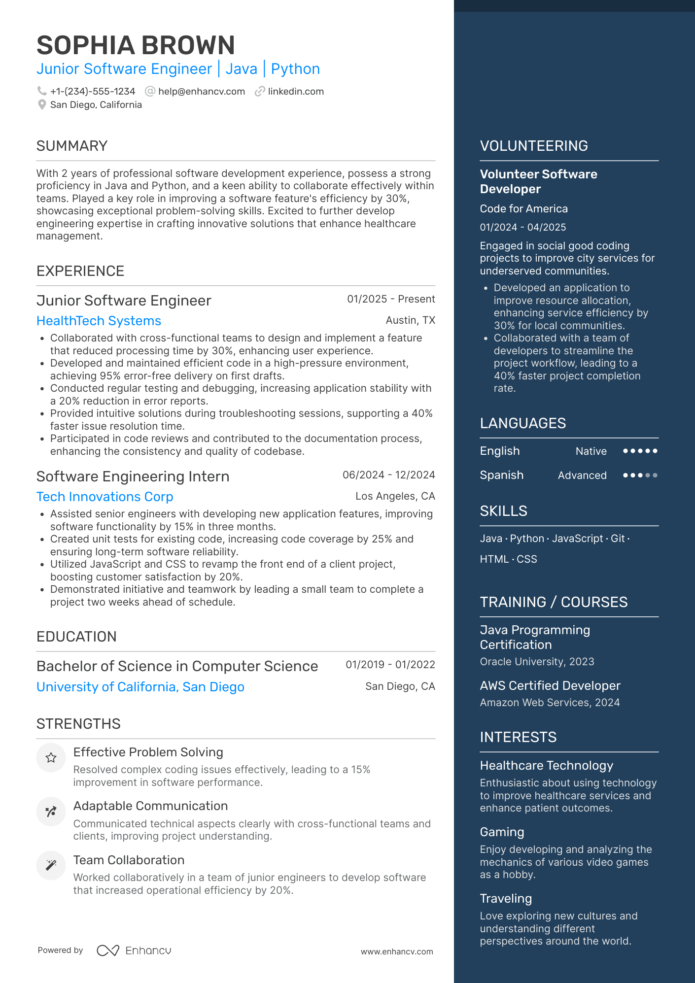 A resume example of a Junior Software Engineer