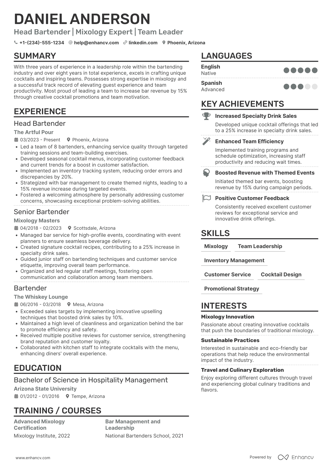 A resume example of a Head Bartender