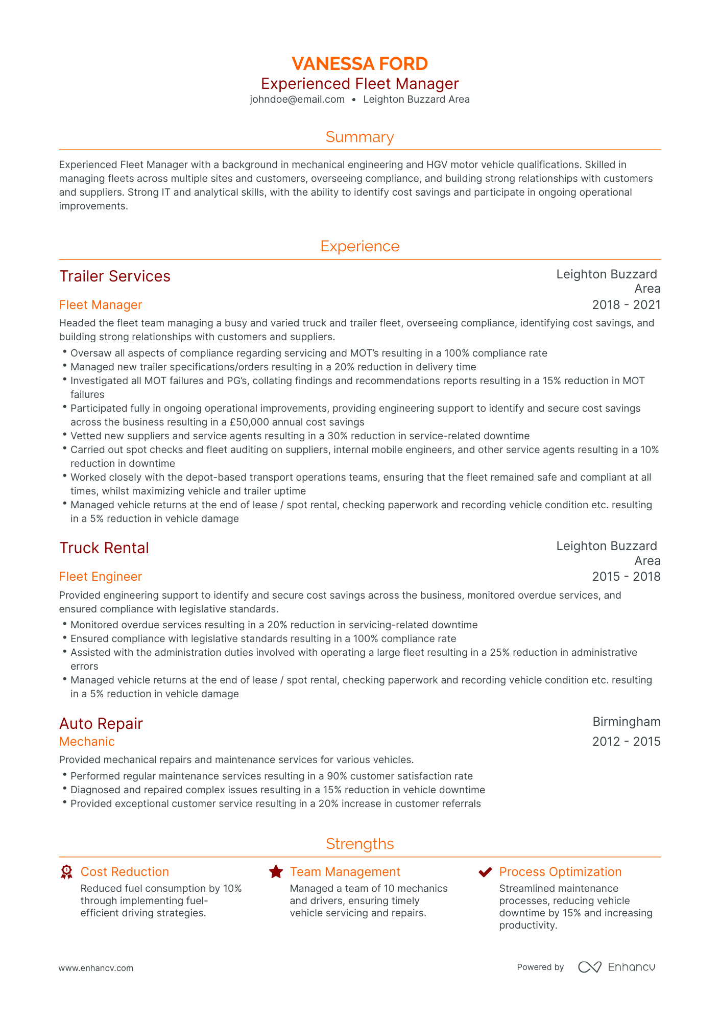 Traditional Fleet Manager Resume Template