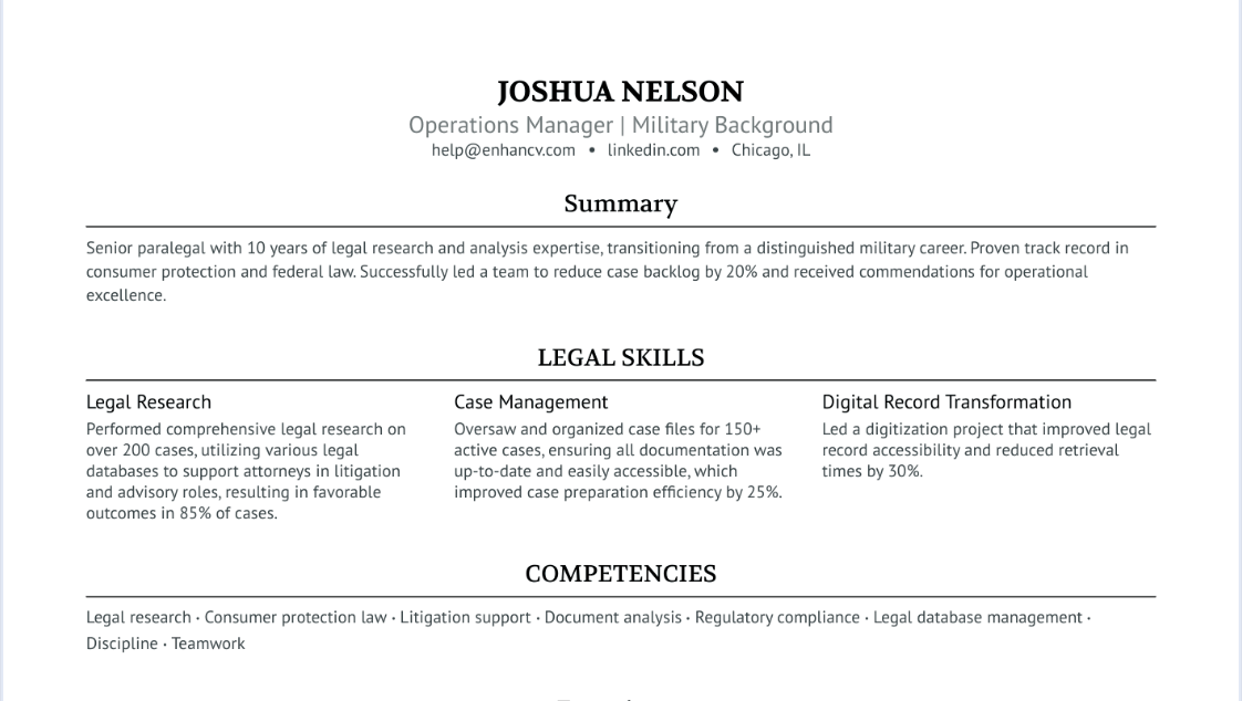 Resume example for Joshua Nelson, detailing roles as Operations Manager with legal and military background, showcasing skills in legal research, case management, and digital record transformation.