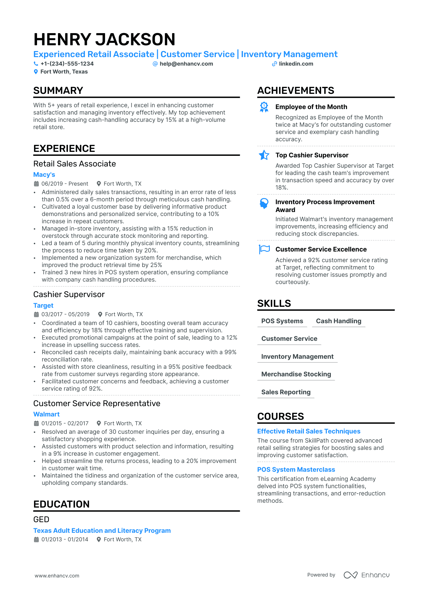 Sales Cashier Resume Example