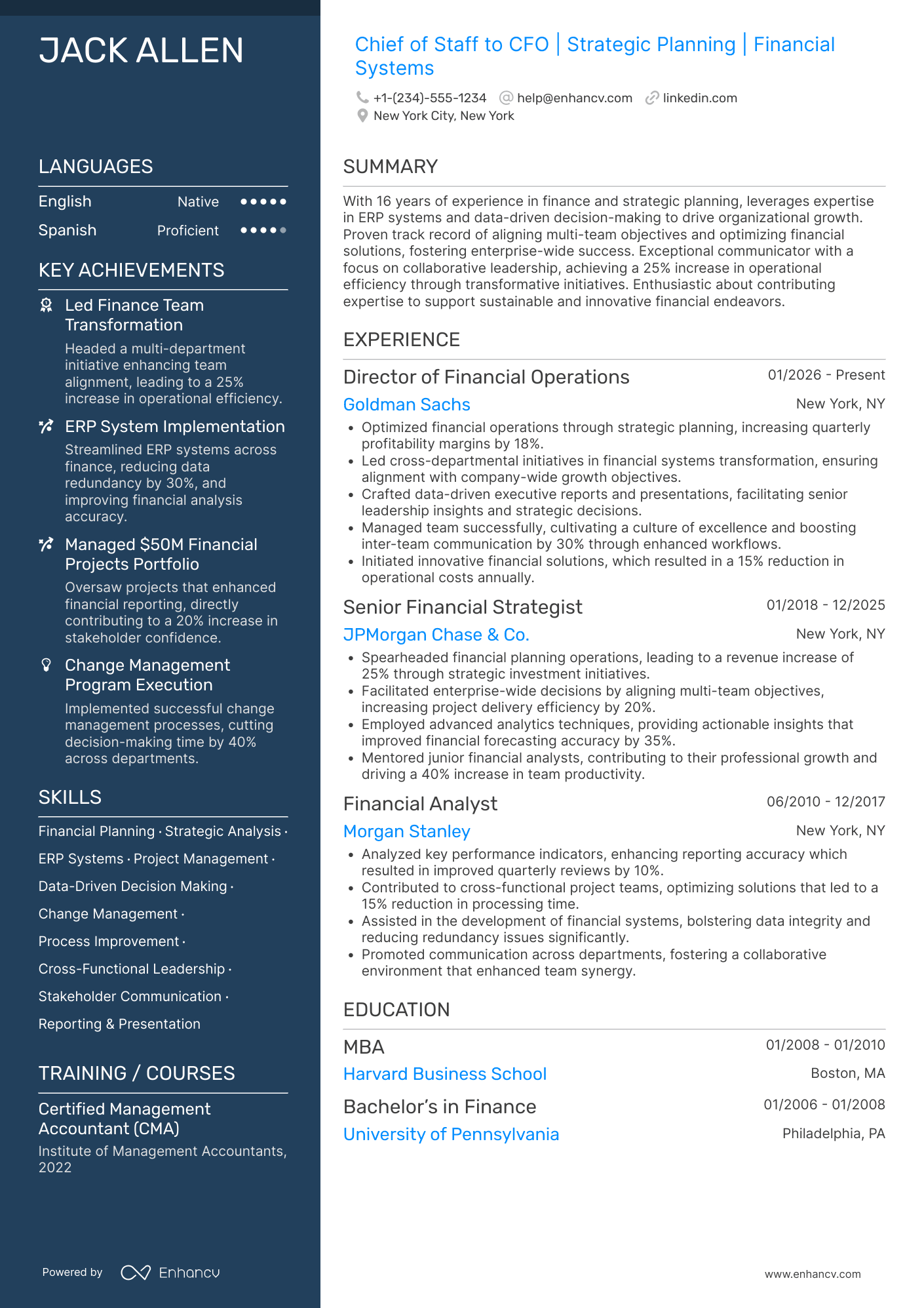 Chief of Staff to the CFO Resume Example