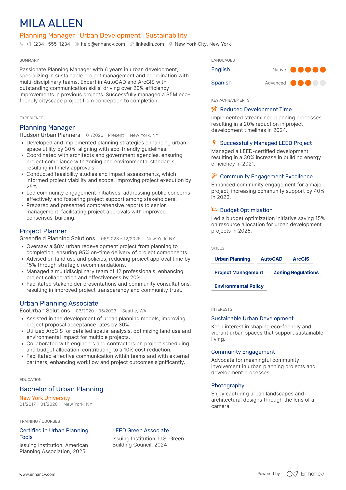 Planning Manager Resume Example