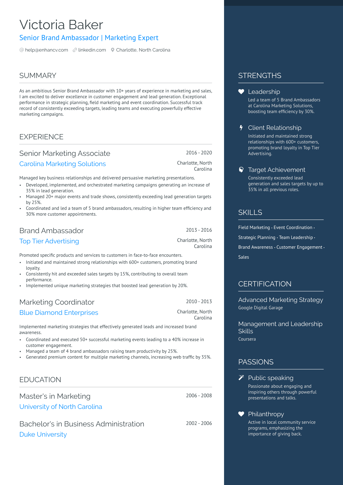 Senior Brand Ambassador Resume Example