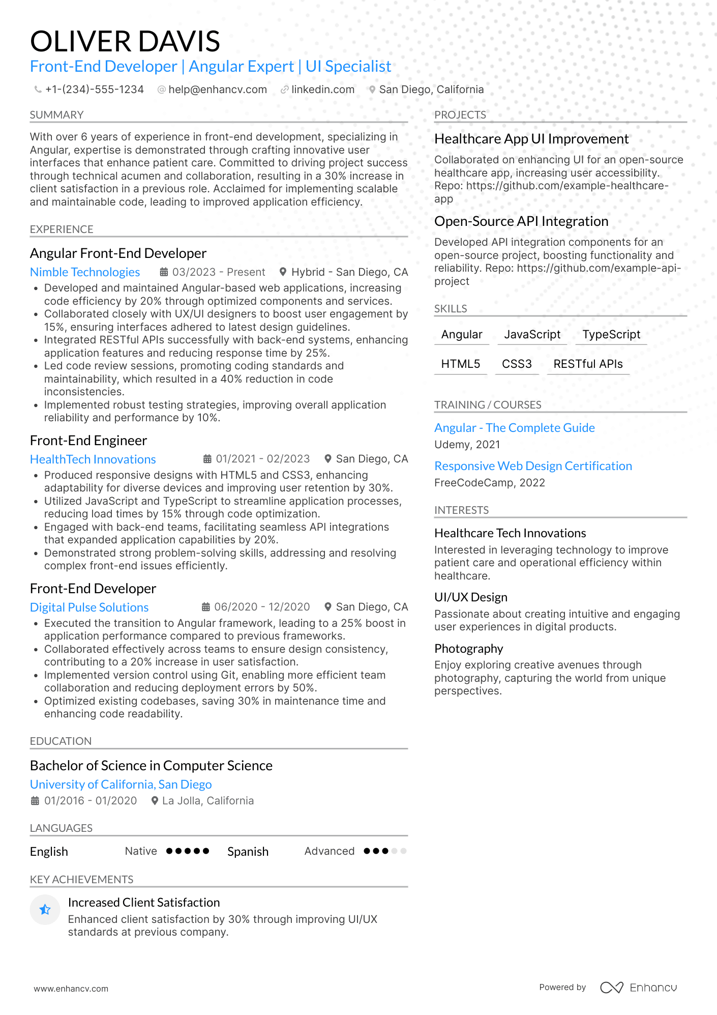 Angular Front End Developer Resume Example