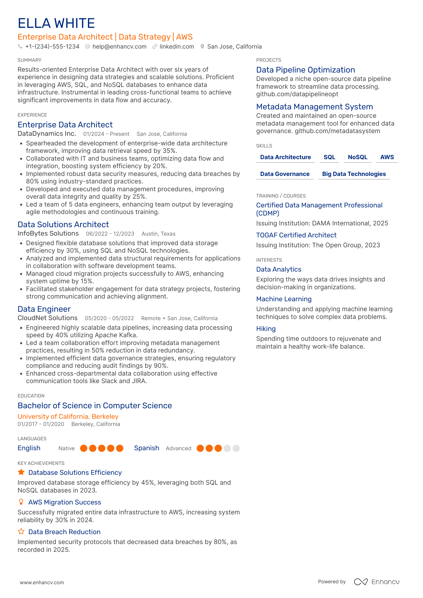 Enterprisen Data Architect Resume Example