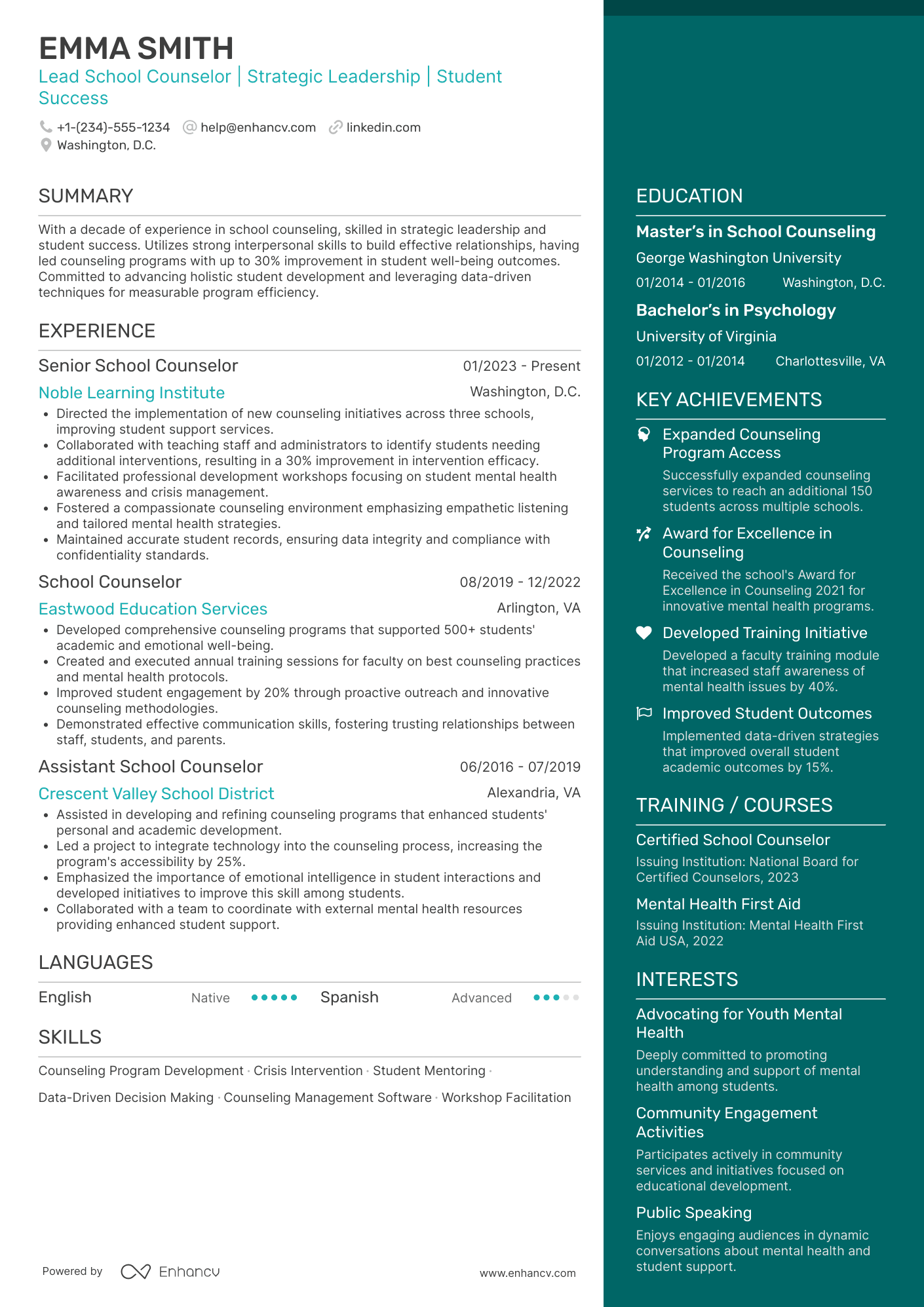 Lead School Counselor Resume Example