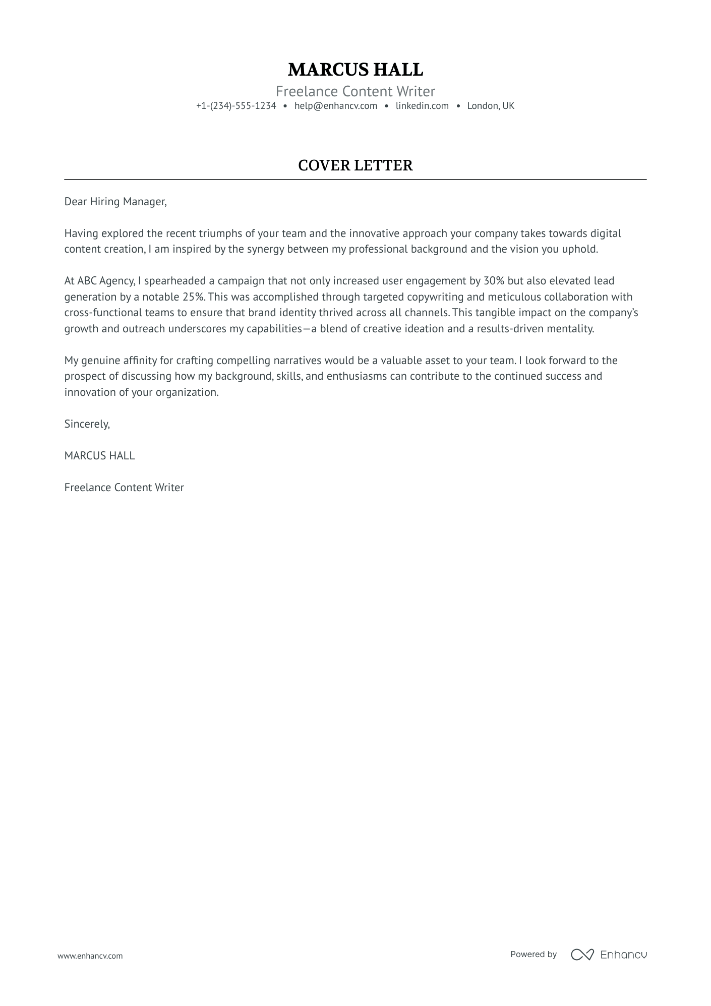 Freelance Content Writer Resume Example