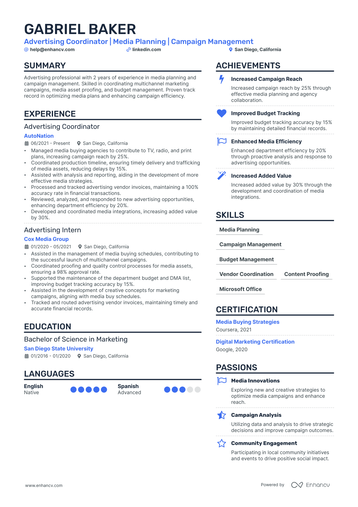 Advertising Coordinator Resume Example