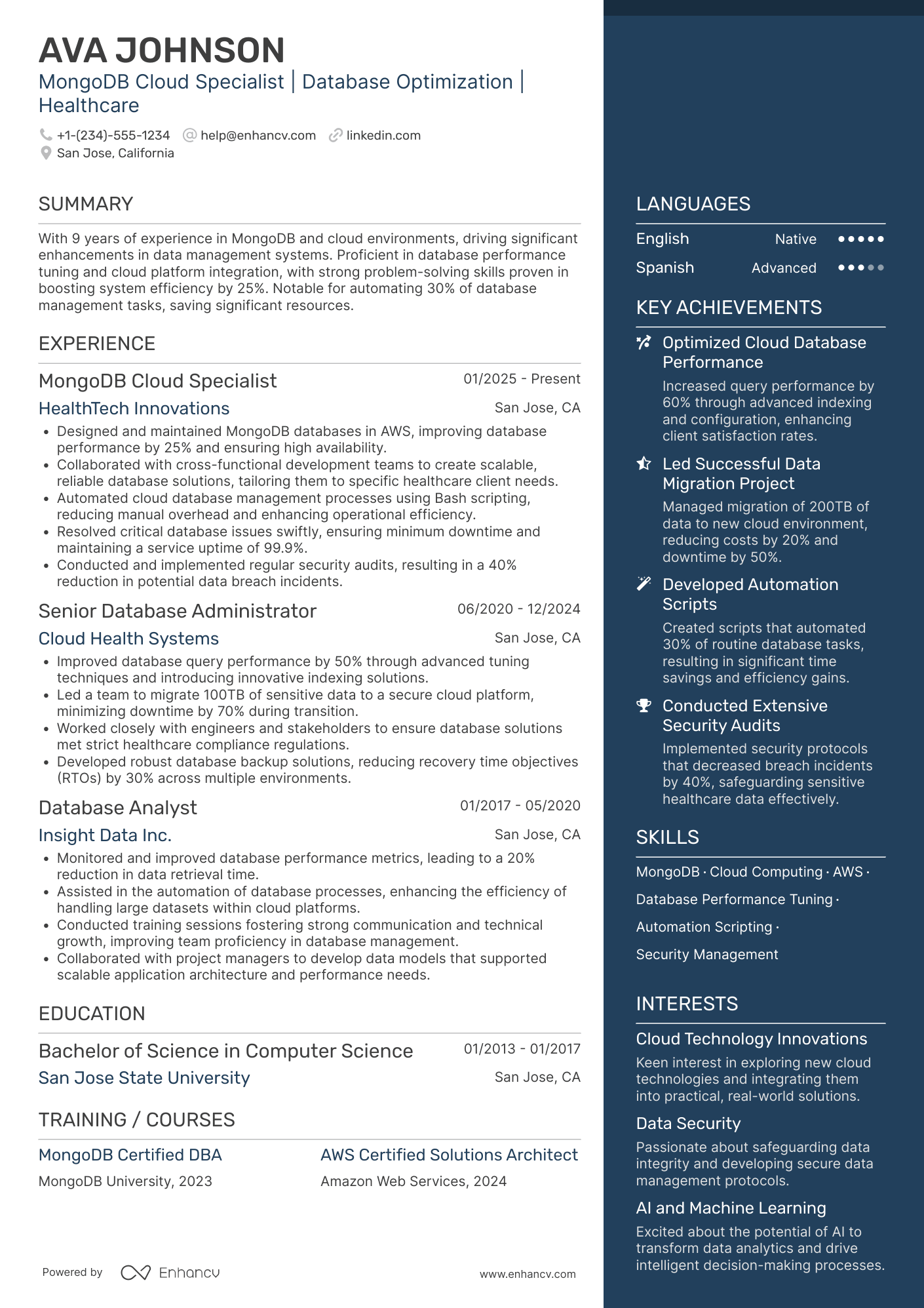 MongoDB Cloud Specialist Resume Example