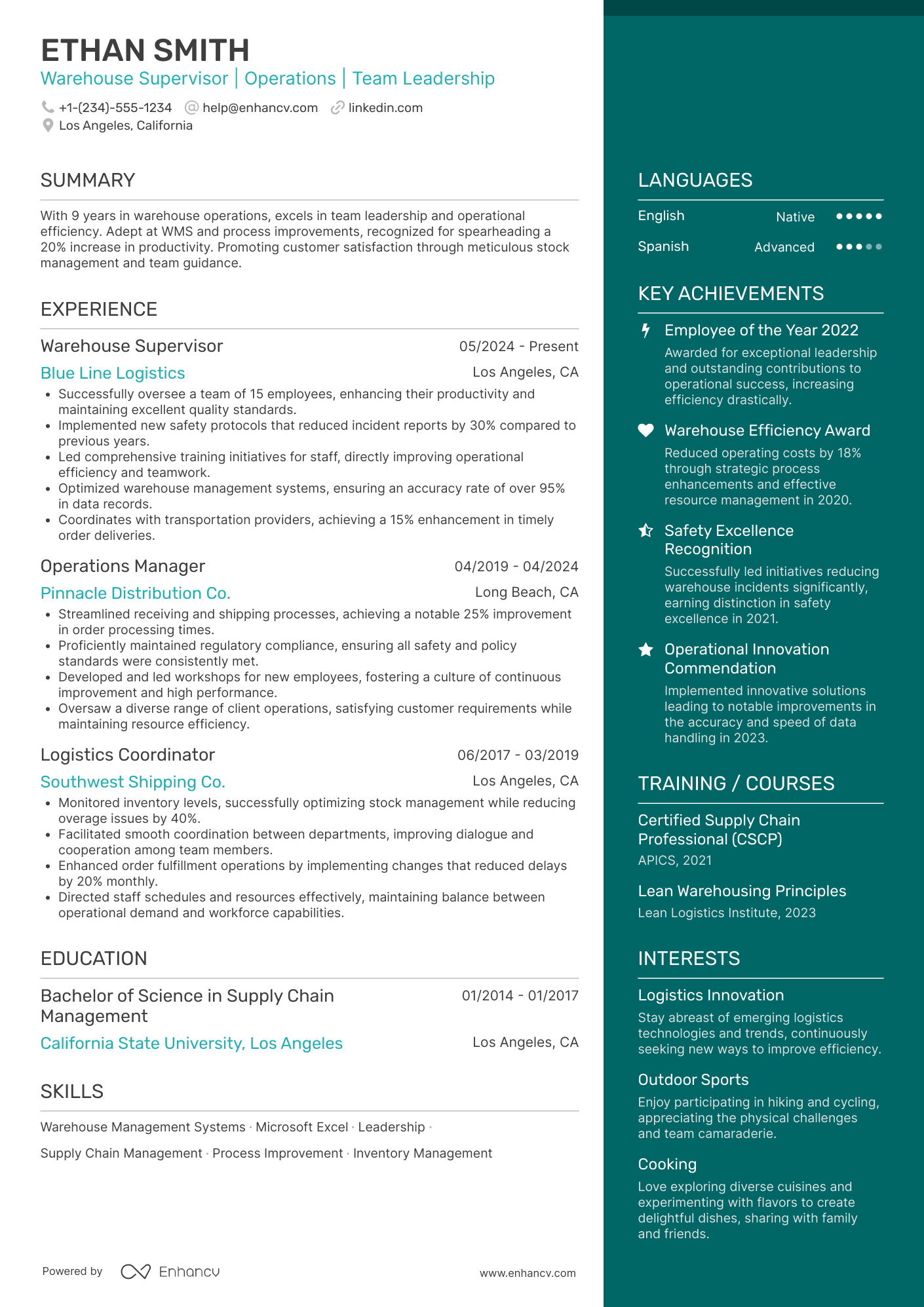 Warehouse Supervisor Resume Example