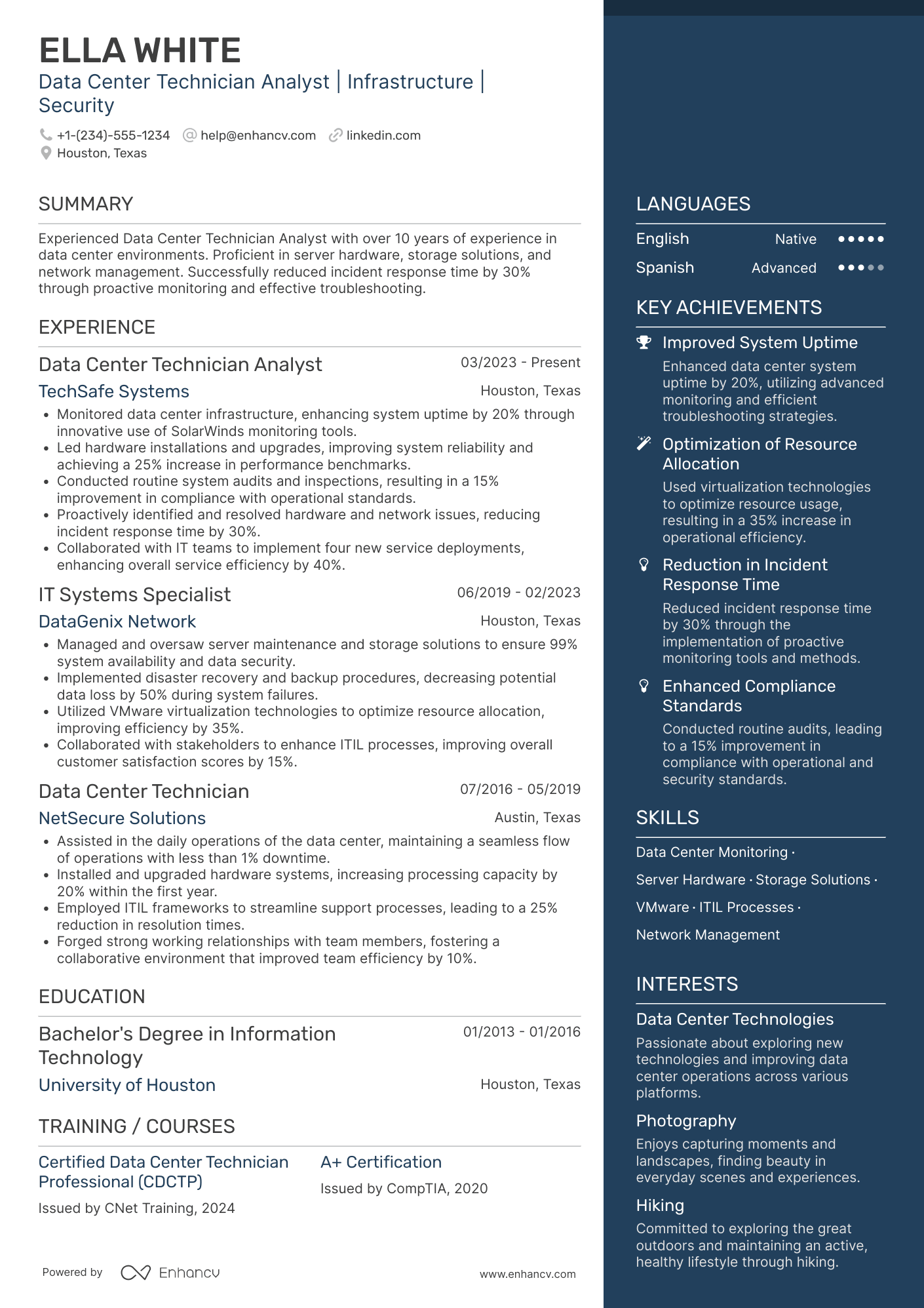 Data Center Technician Analyst Resume Example