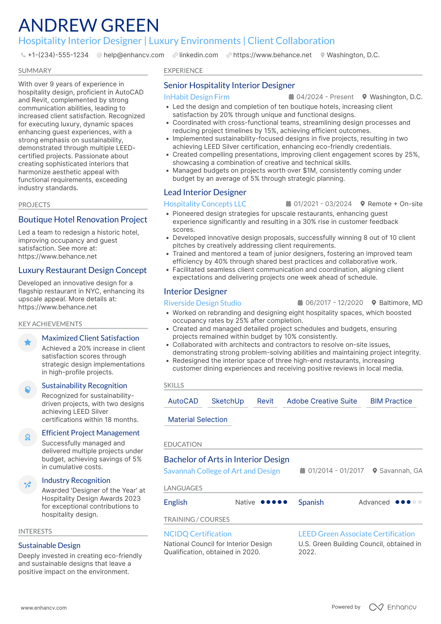 Hospitality Interior Designer Resume Example