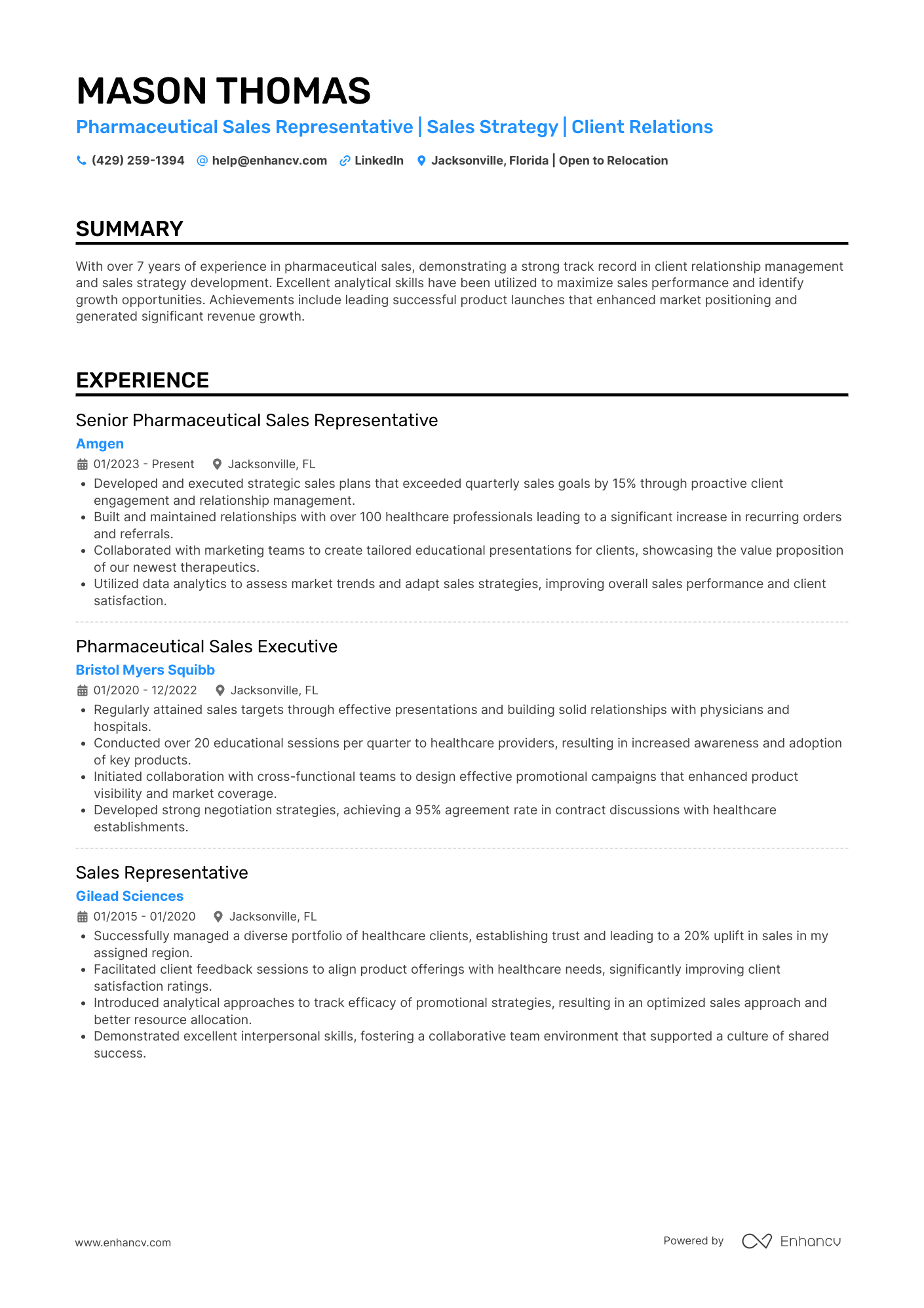 Pharmaceutical Sales Resume Example