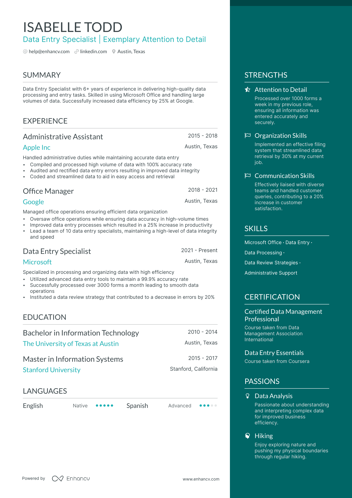Data Entry Specialist Resume Example