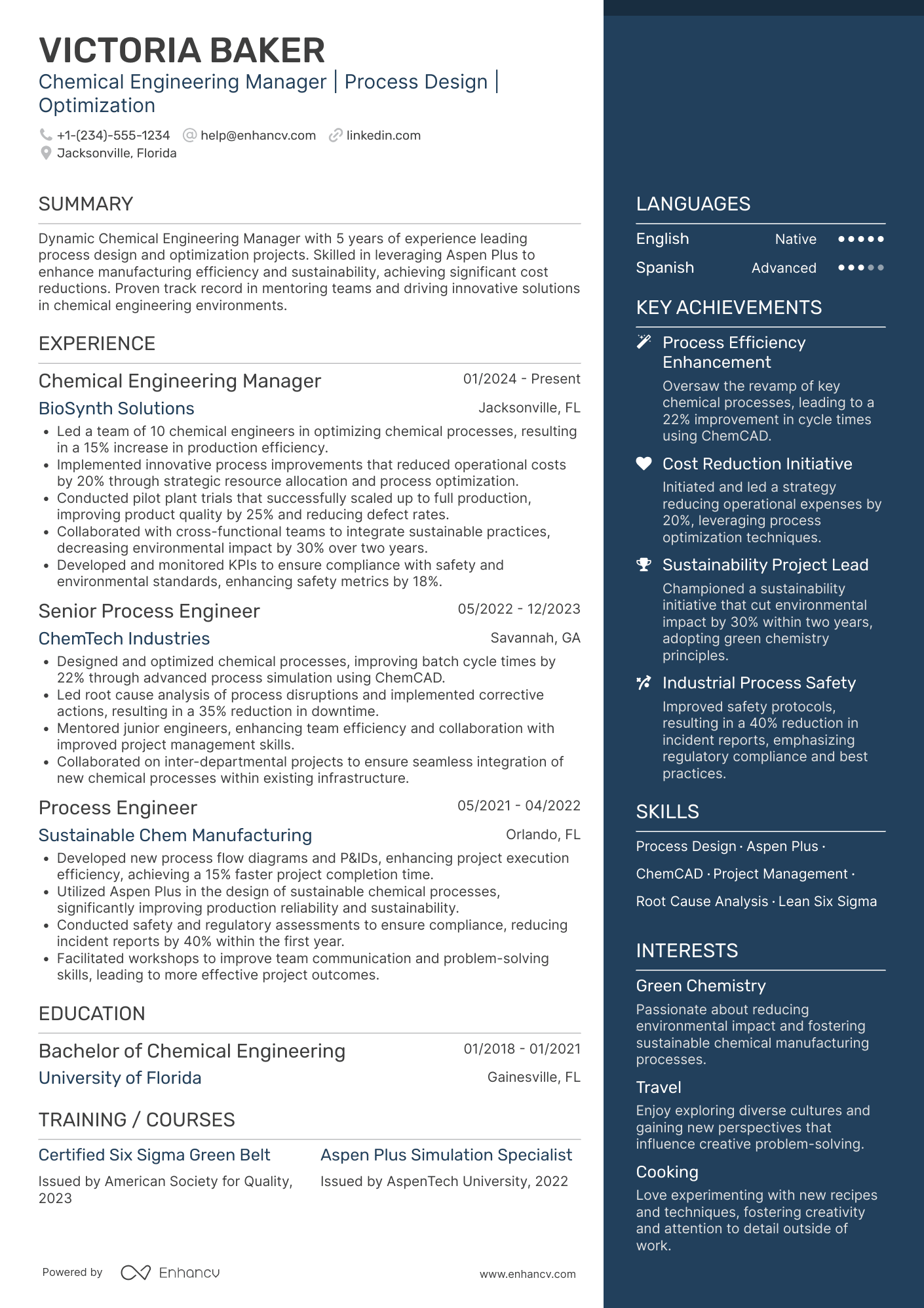 Chemical Engineering Manager Resume Example