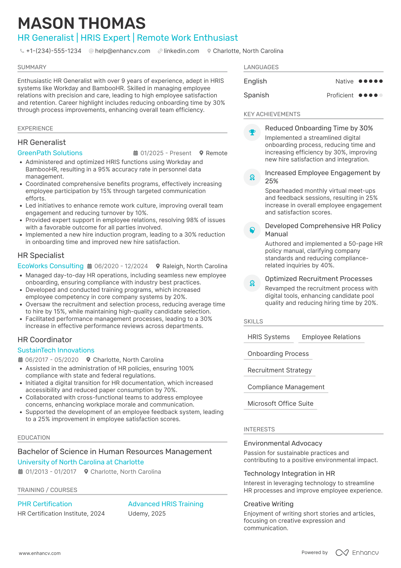 Work from Home HR Generalist Resume Example