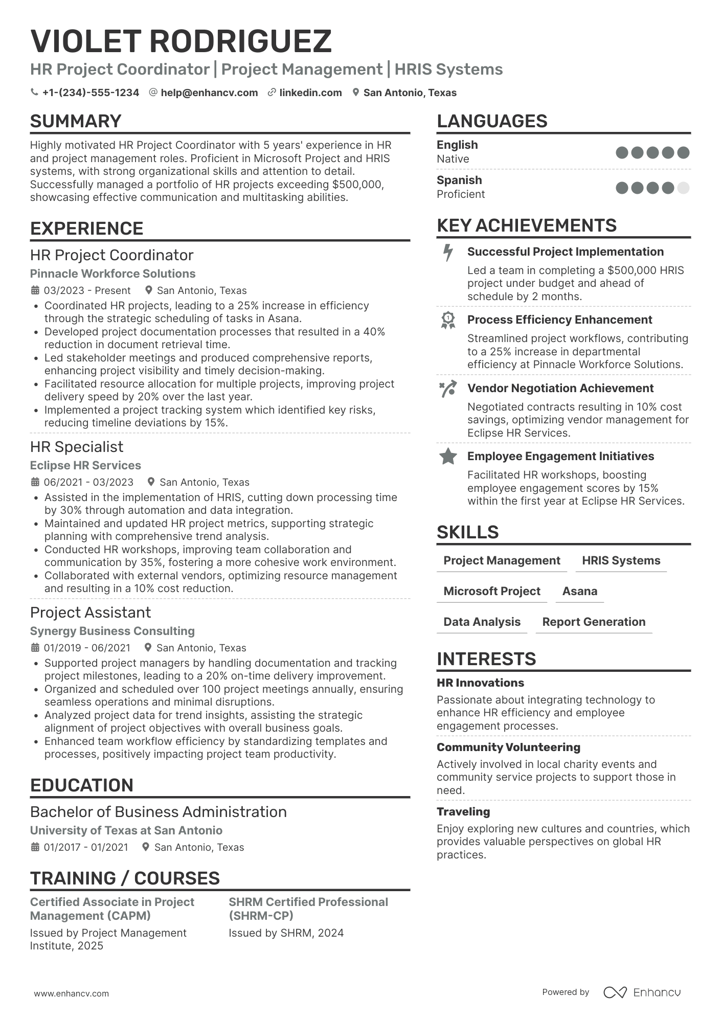 HR Project Coordinator Resume Example