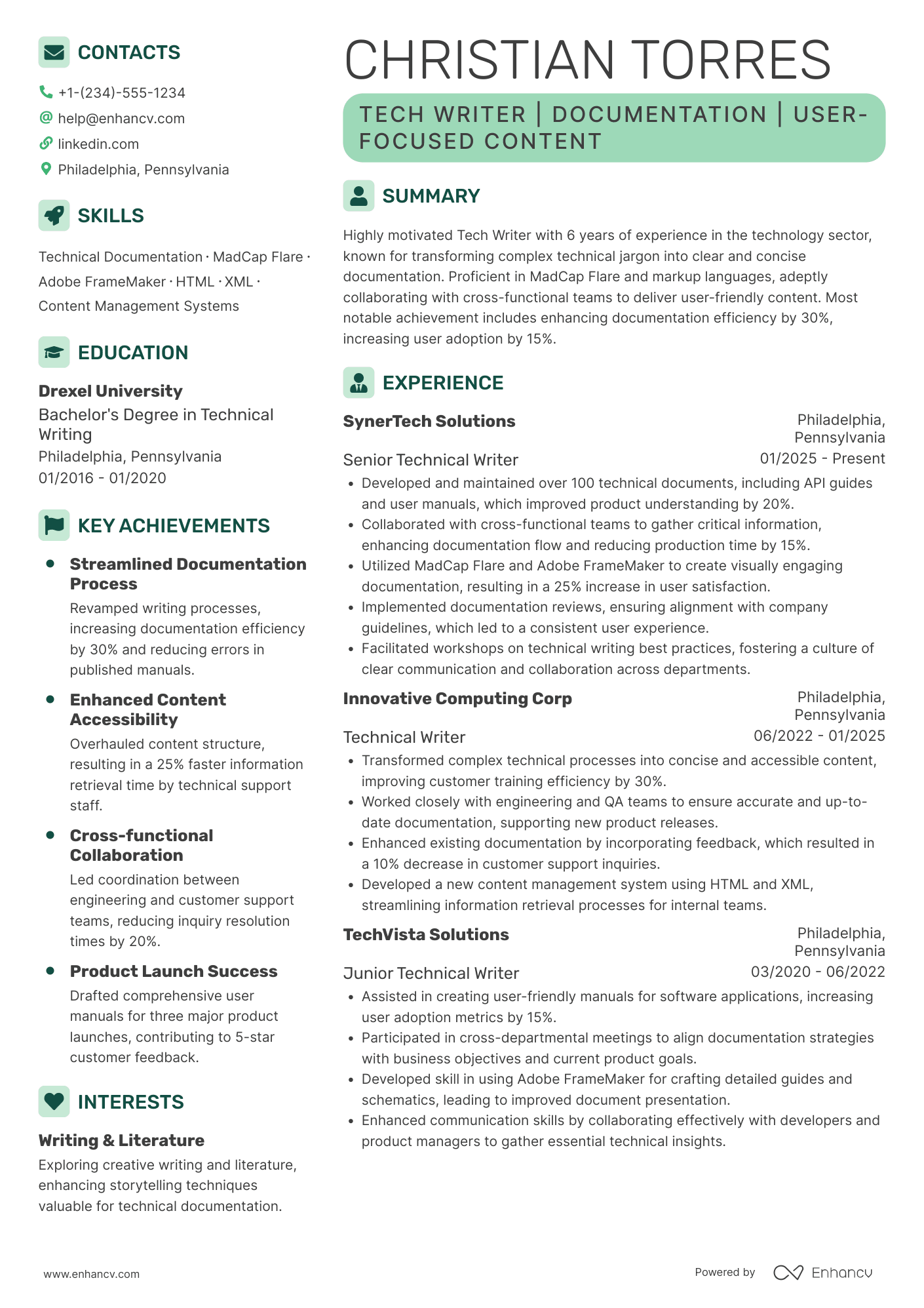 Tech Writer Resume Example