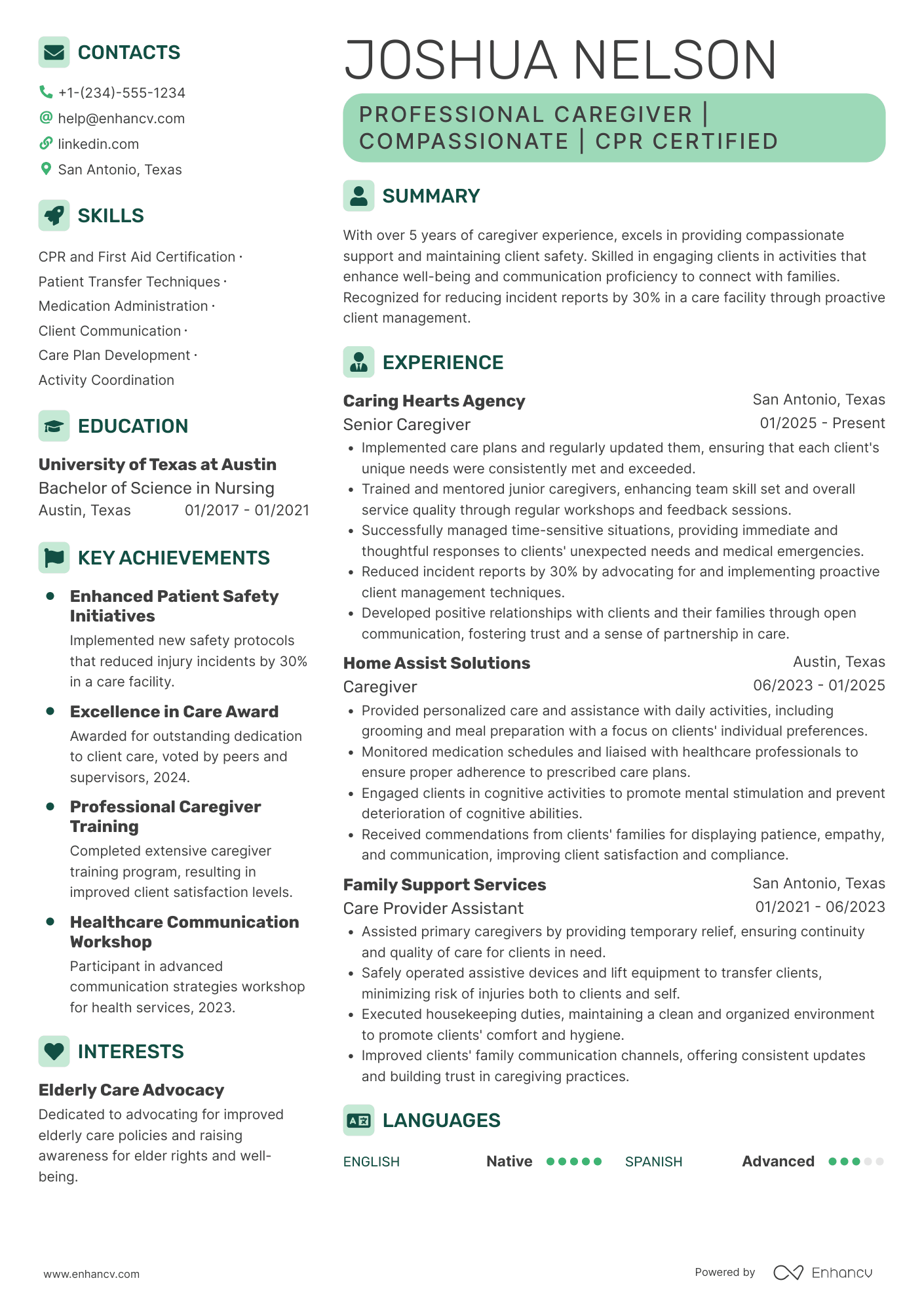Respite Caregiver Resume Example