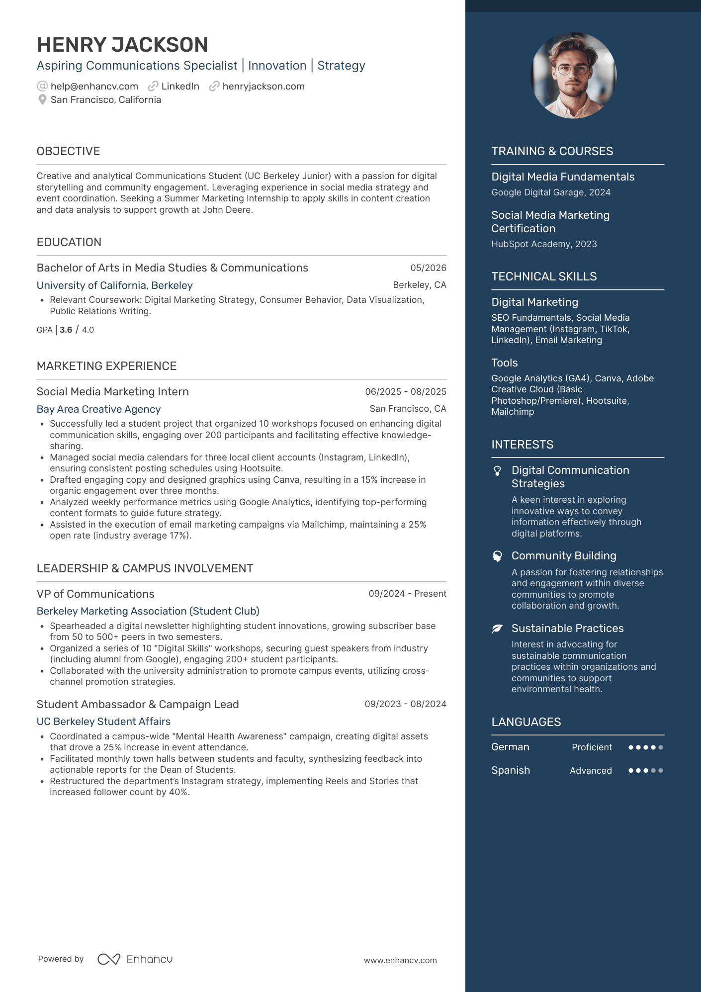 Marketing & Communications College Student Resume Example