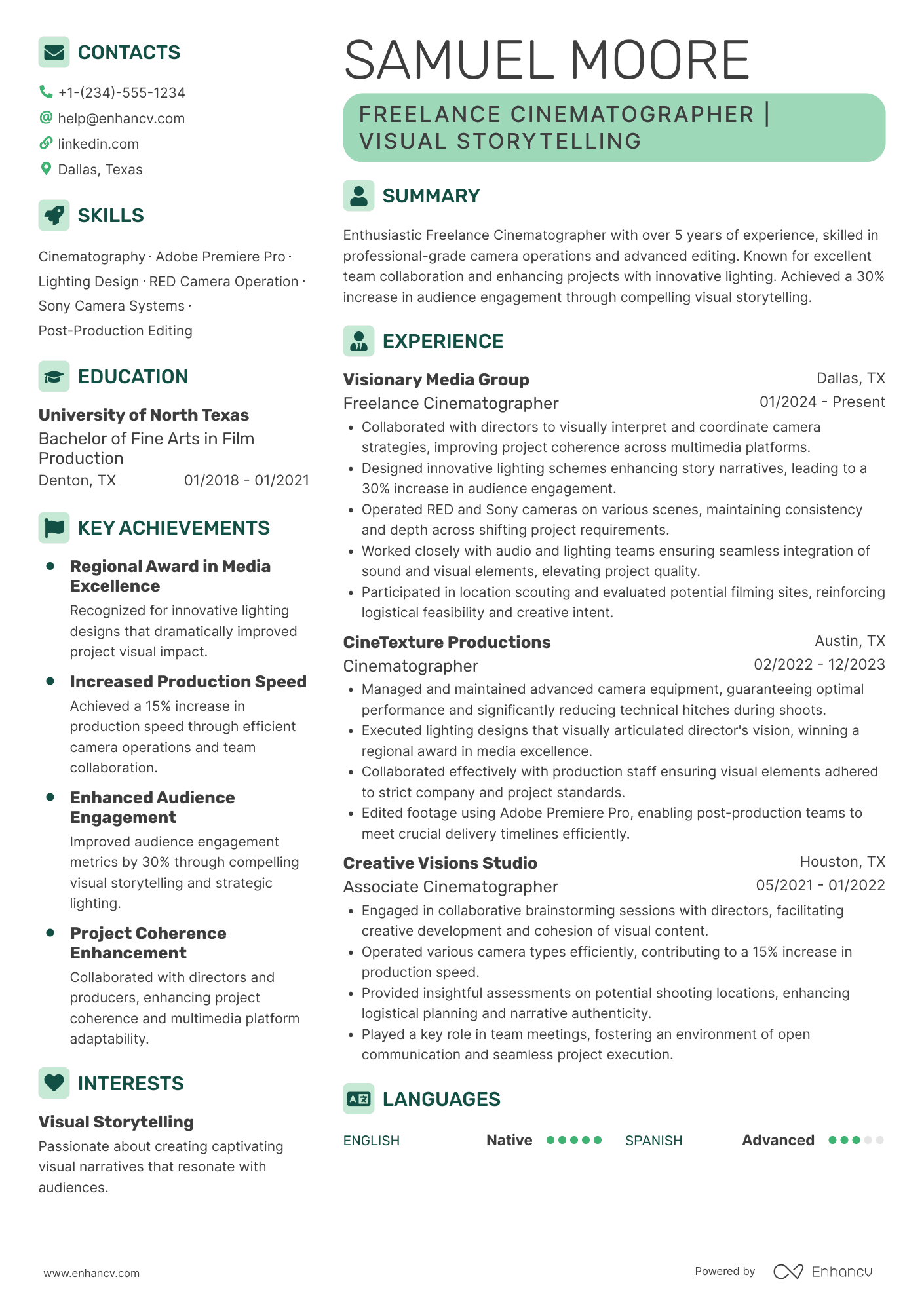 Freelance Cinematographer Resume Example