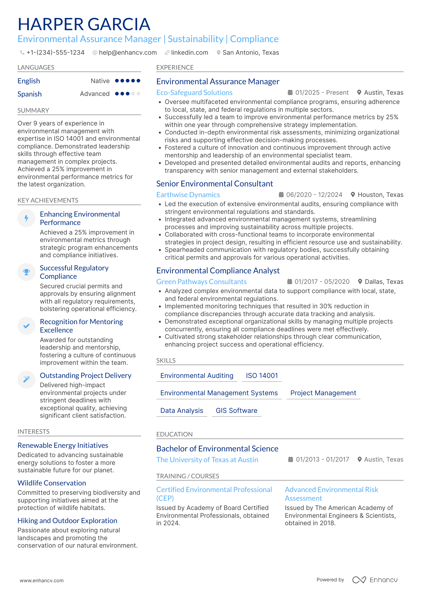 Environmental Assurance Manager Resume Example