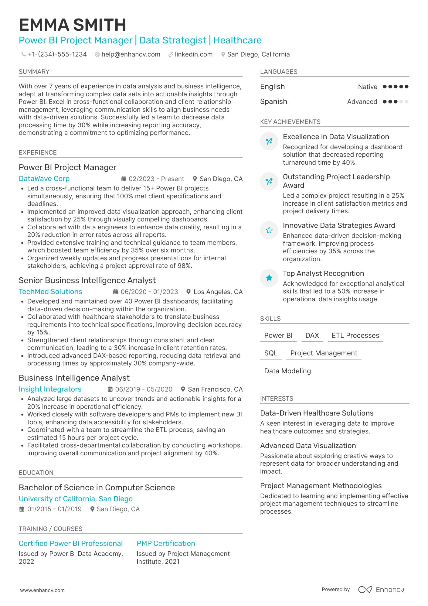 Power BI Project Manager Resume Example