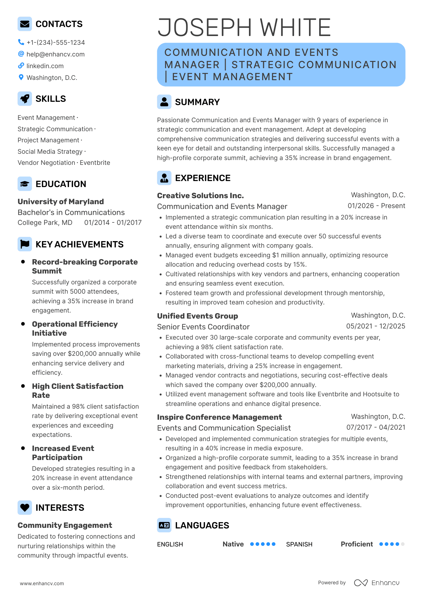 Communication and Events Manager Resume Example