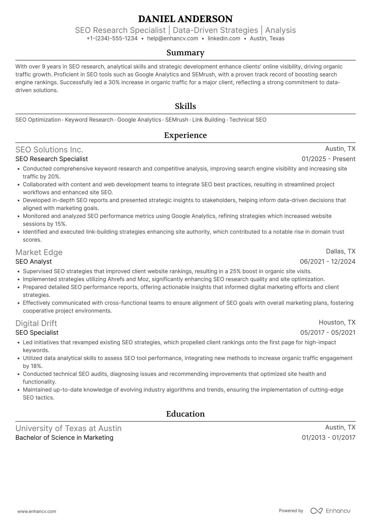 SEO Research Specialist Resume Example
