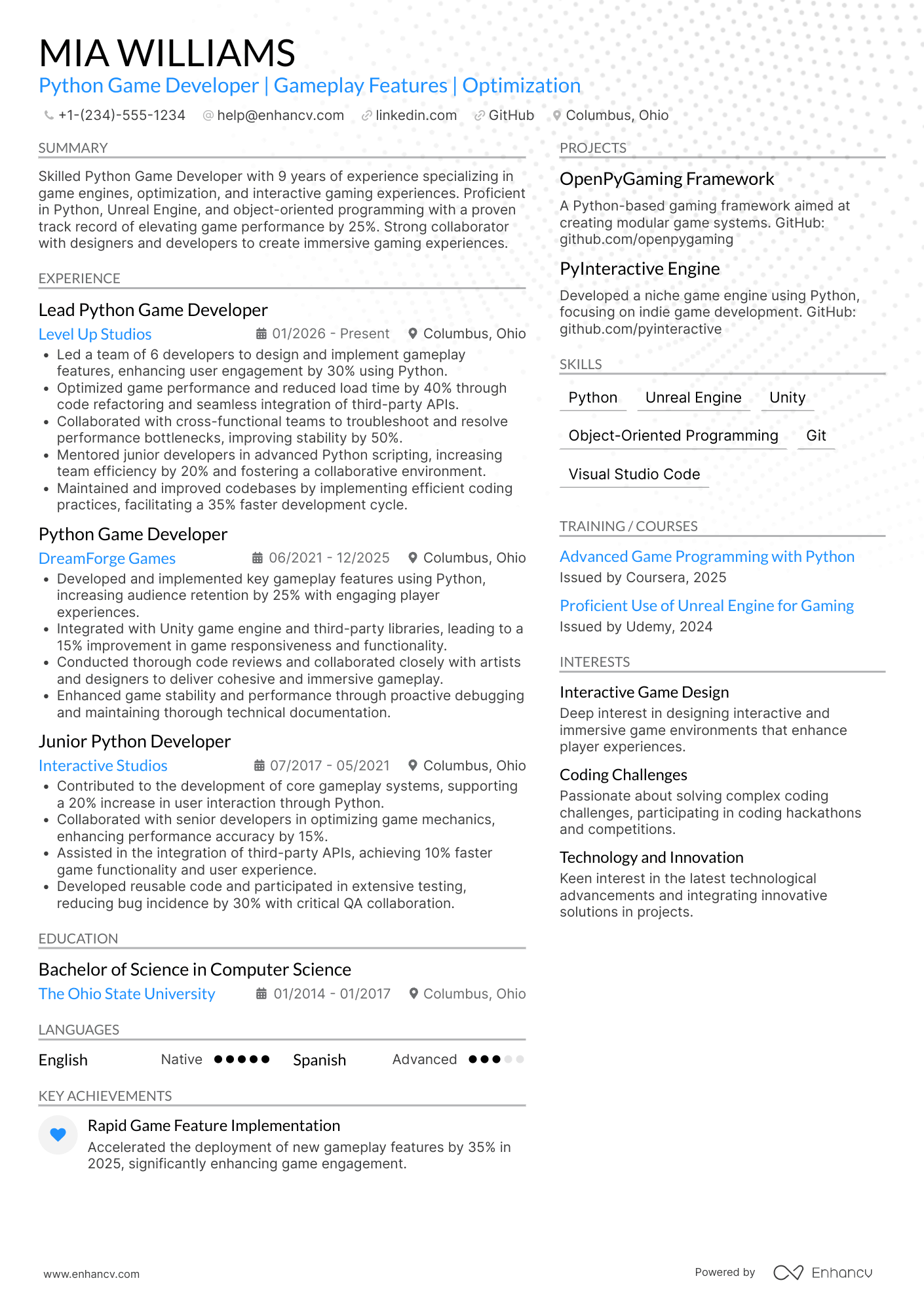 Python Game Developer Resume Example