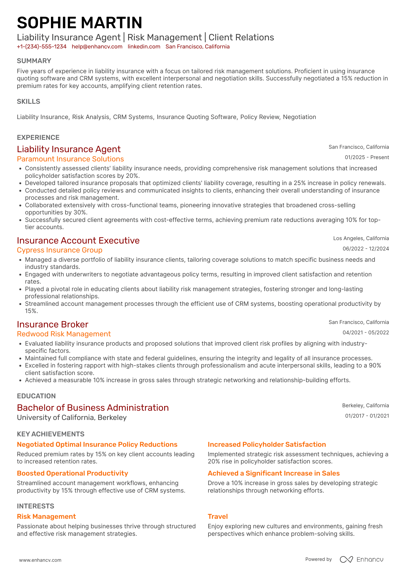 Liability Insurance Agent Resume Example