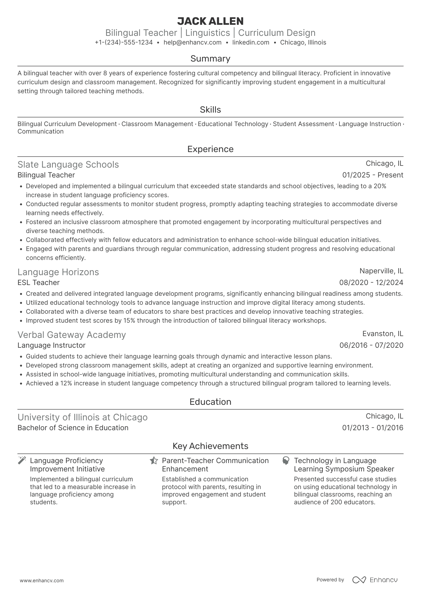 Bilingual Teacher Resume Example