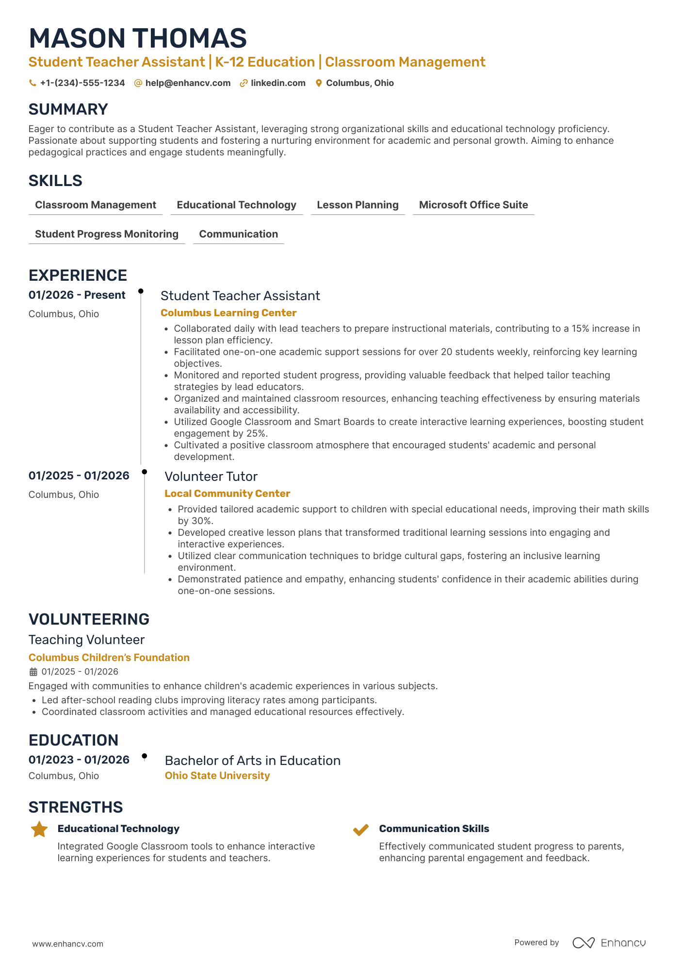 Student Teacher Assissant Resume Example