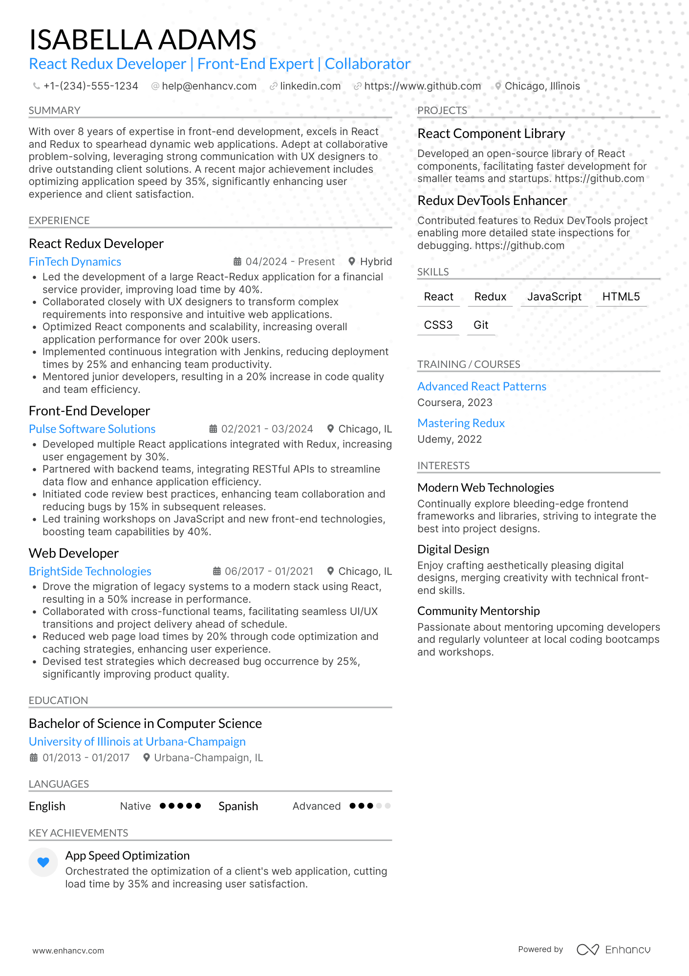 React Redux Developer Resume Example