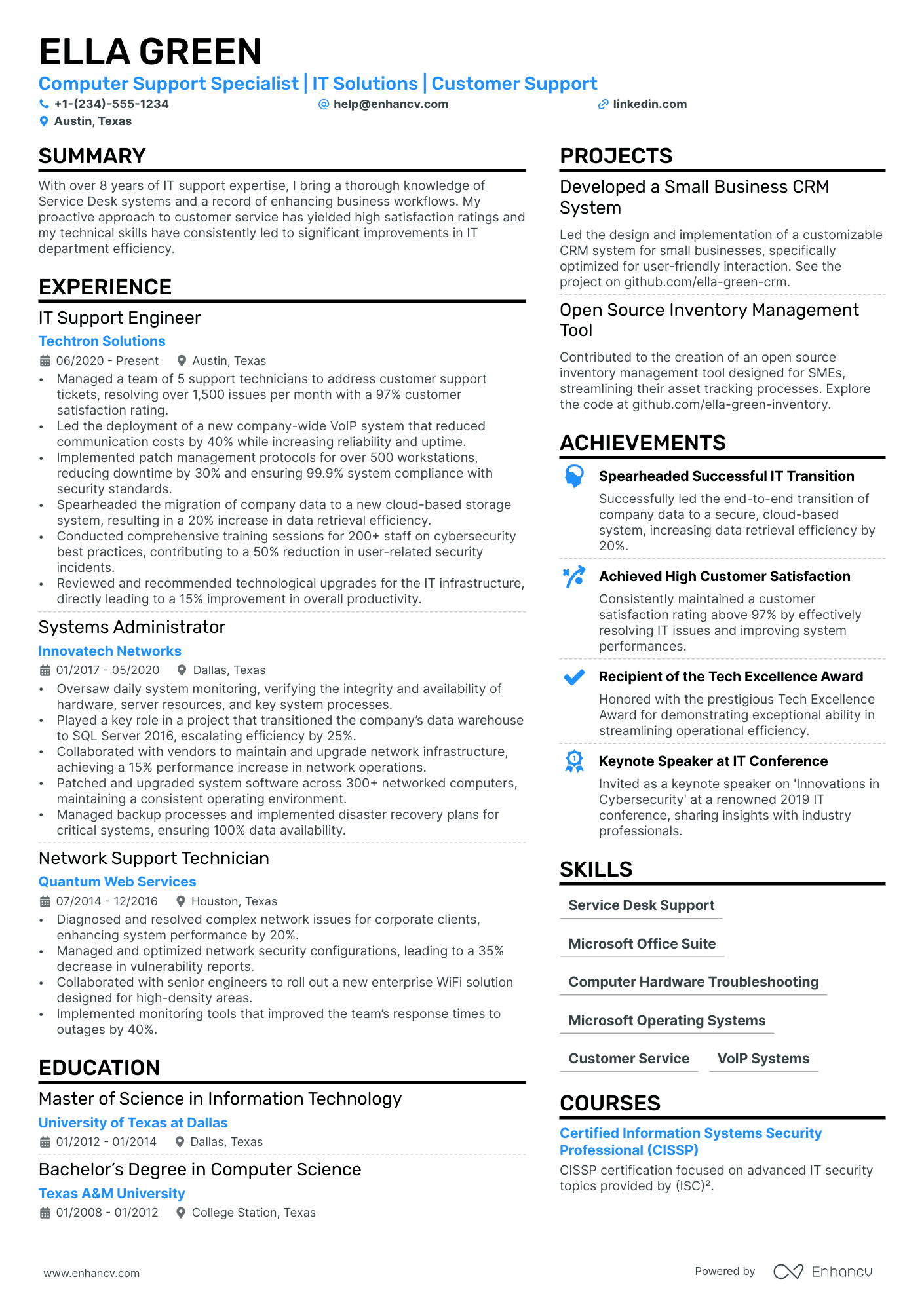 Computer Support Specialist Resume Example