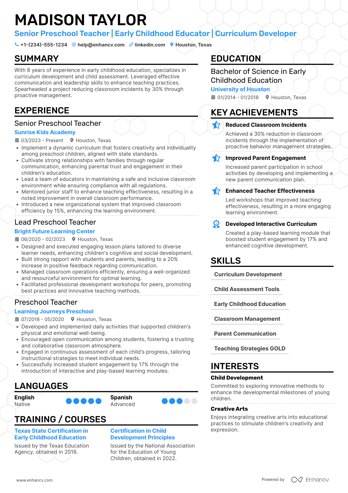 Senior Preschool Teacher Resume Example