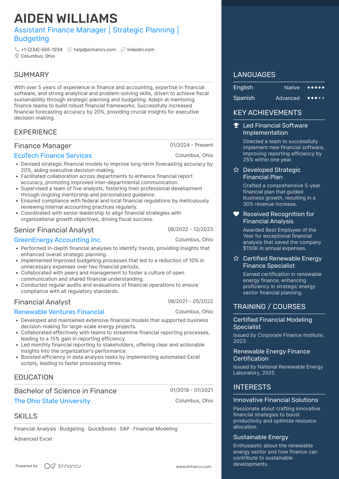 Assistant Finance Manager Resume Example