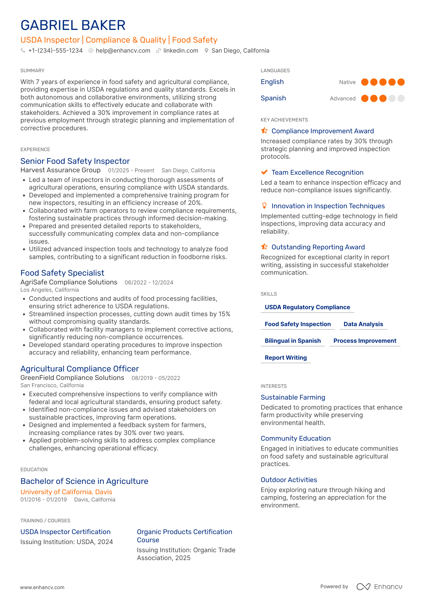 US Department of Agriculture Inspector Resume Example