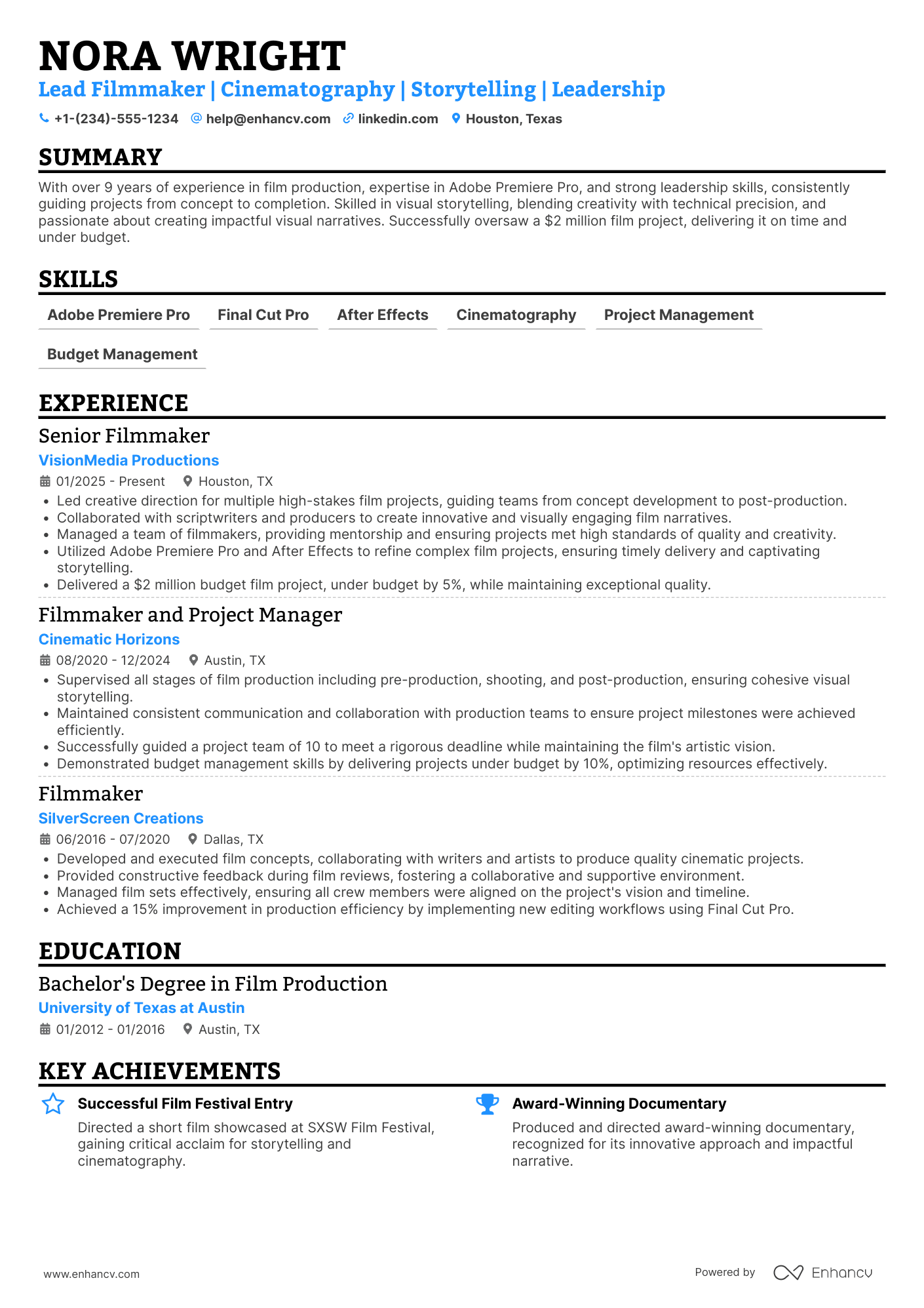 Lead Filmmaker Resume Example