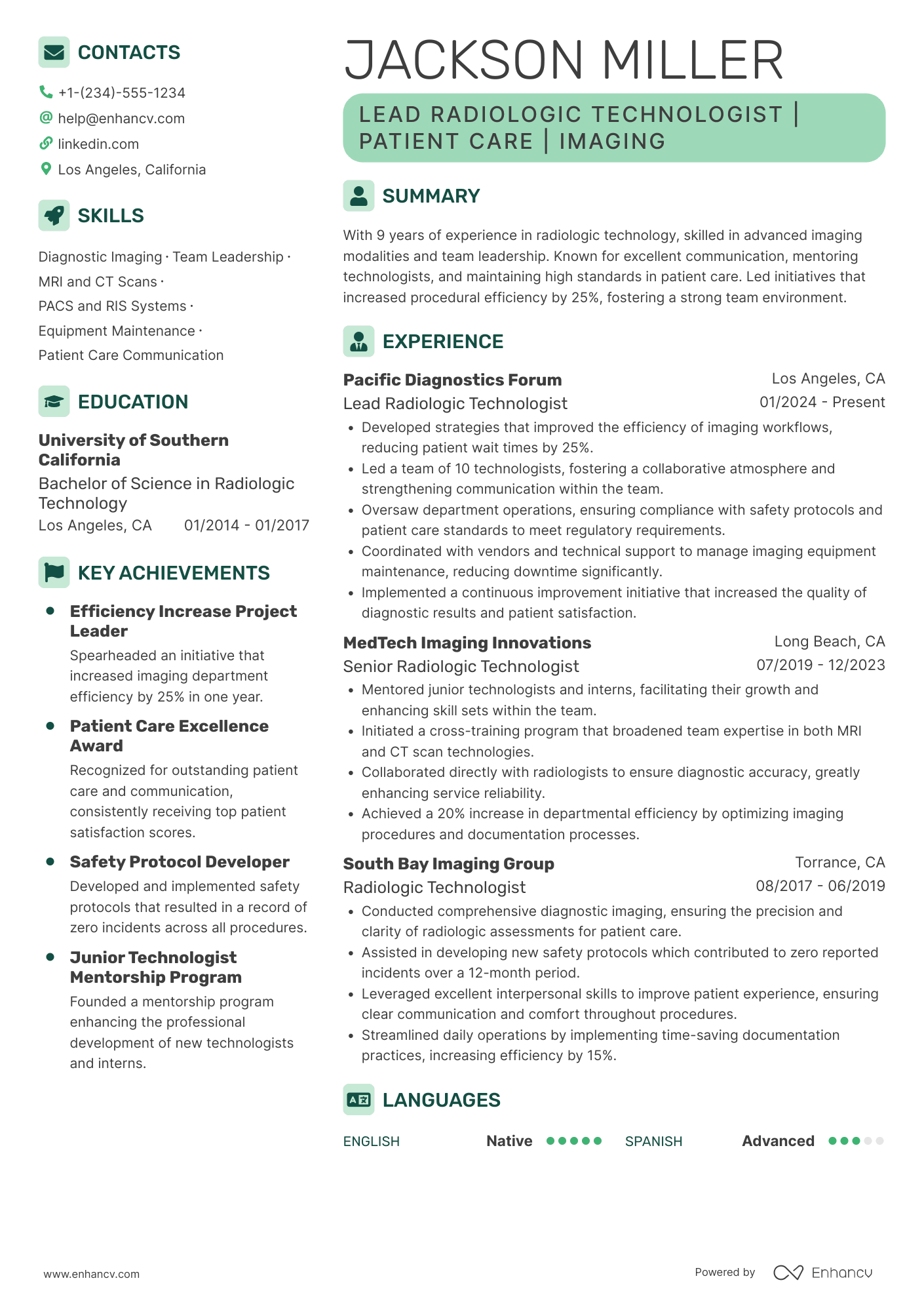 Lead Radiologic Technologist Resume Example