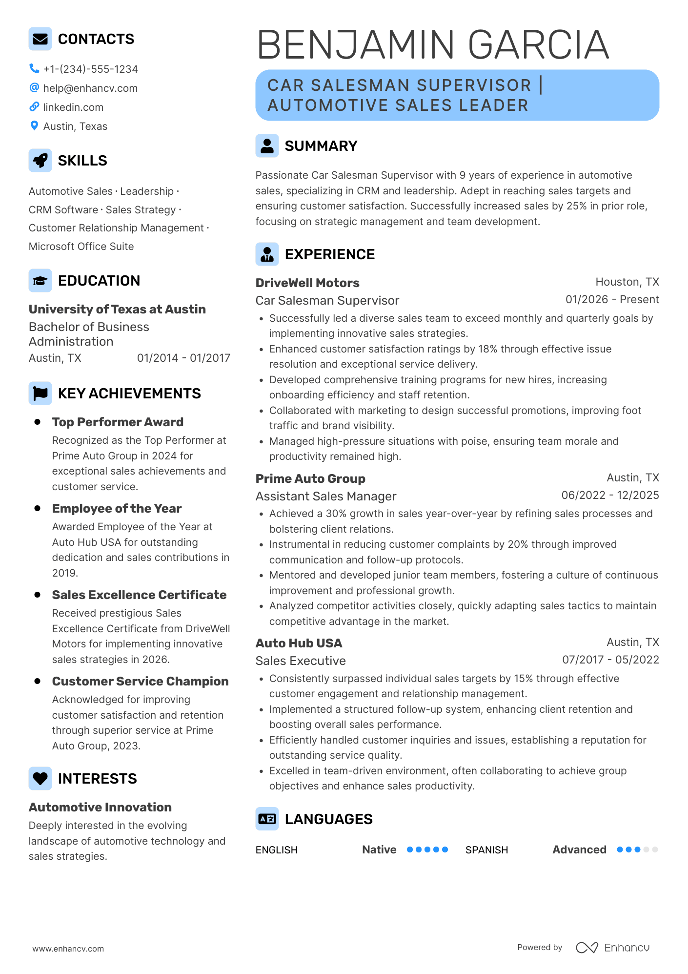 Car Salesman Supervisor Resume Example