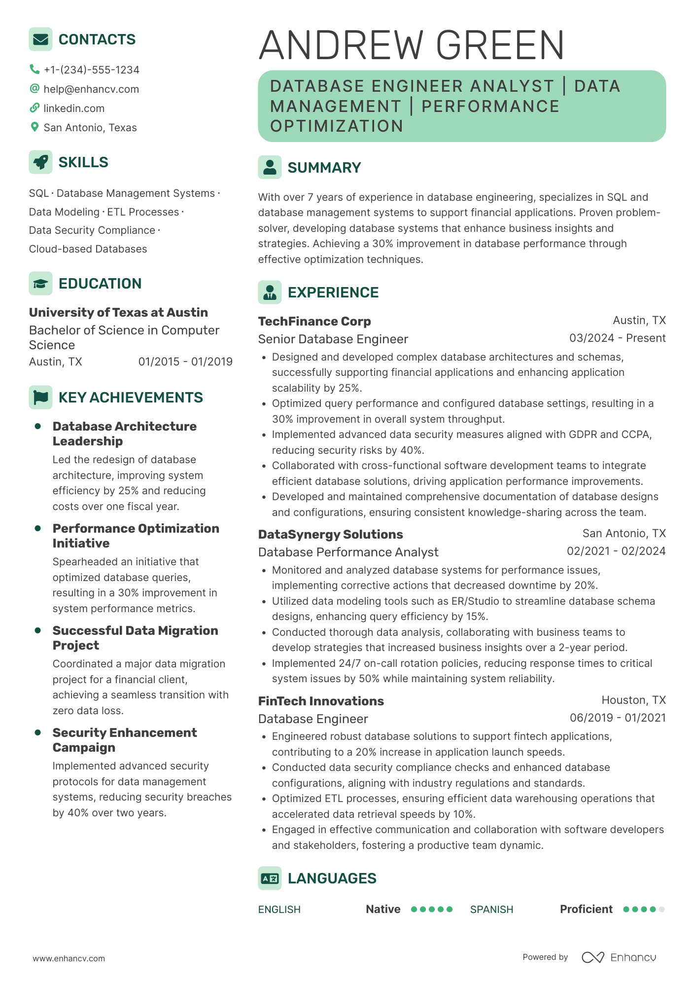 Database Engineer Analyst Resume Example