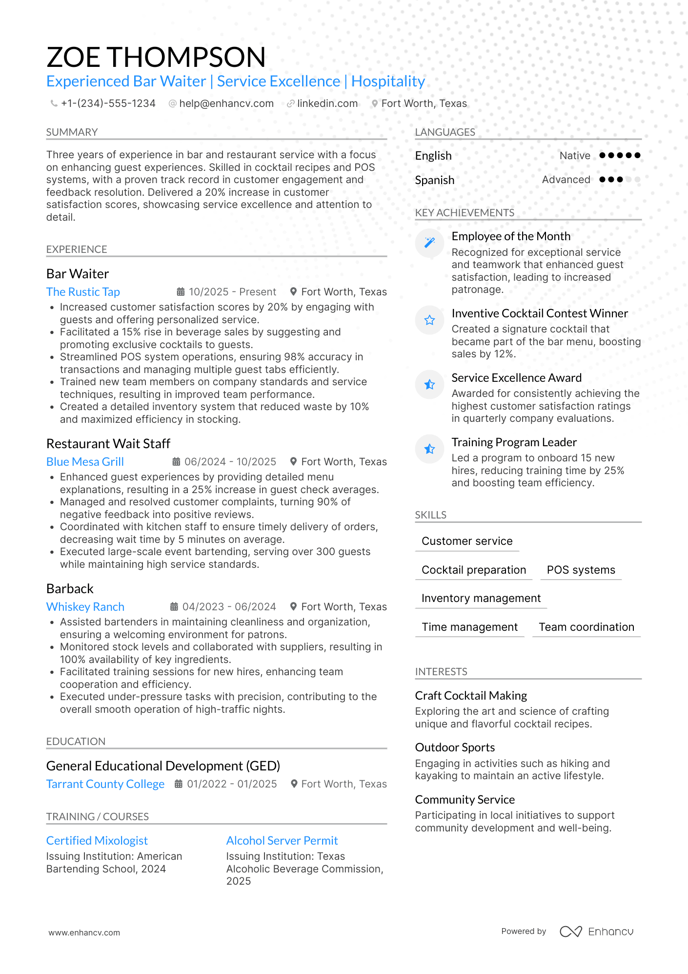 Bar Waiter Resume Example